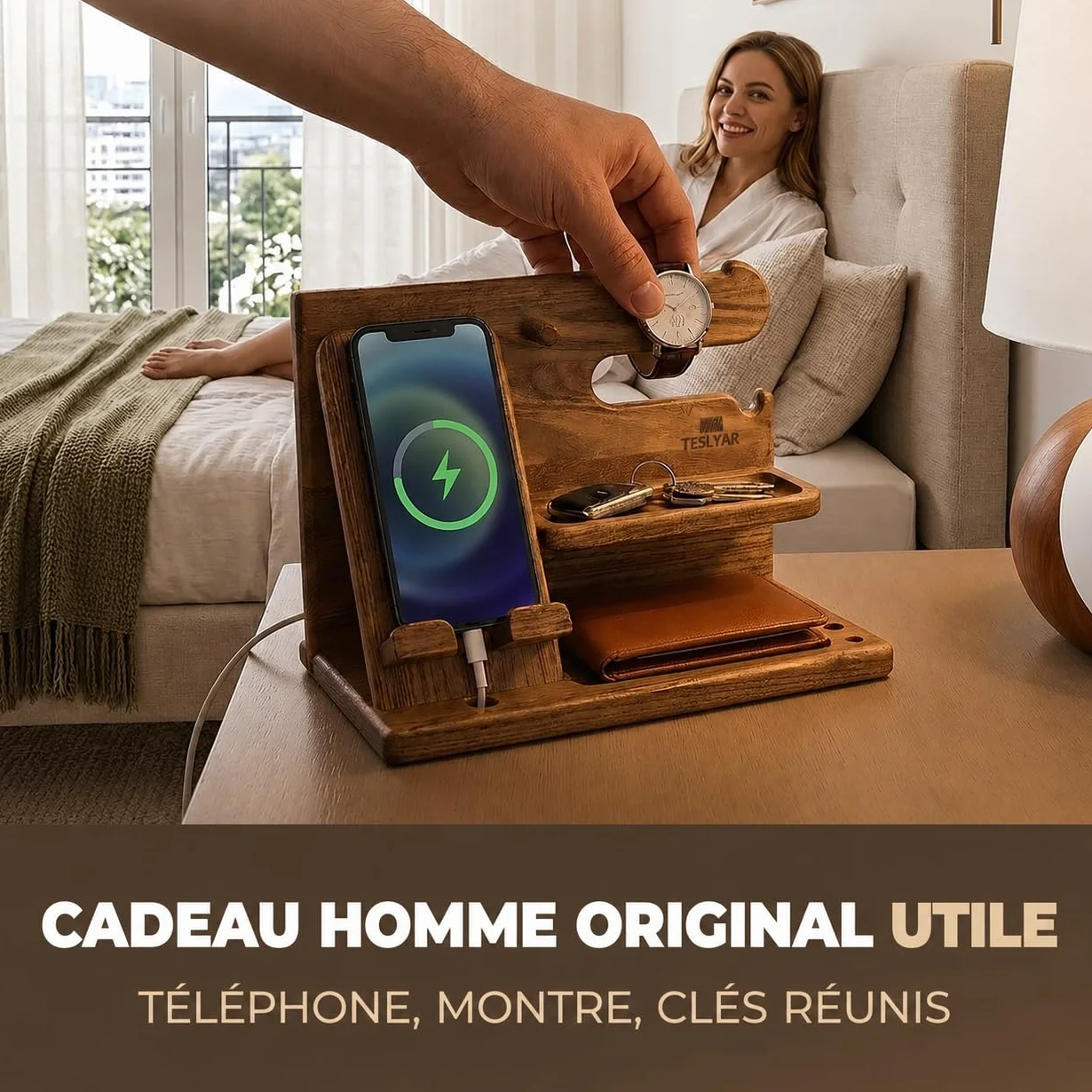 Organisateur de Bureau en Bois avec Support Téléphone et Montre, Station d’Accueil, Docking Station, Beige