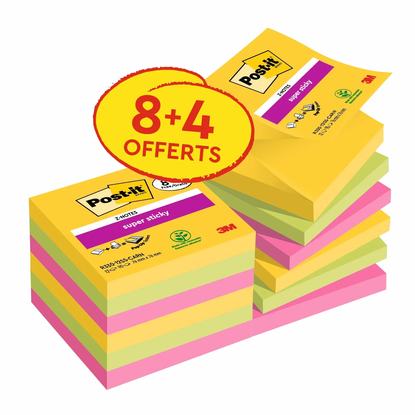 Post-it Z-Notes Autocollantes Super Sticky, 8 Blocs + 4 Gratuits, 90 Feuilles, 76 mm x 76 mm