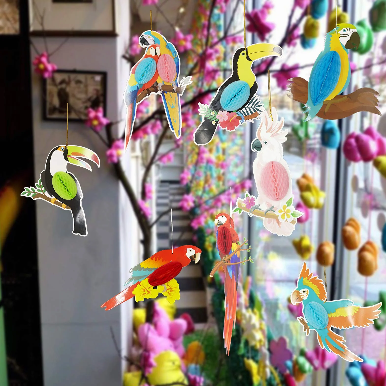 12 Pièces Découpes de Papier Nid D'abeille Oiseaux Tropicaux Perroquet Décorations Suspendues pour Fête Hawaïenne