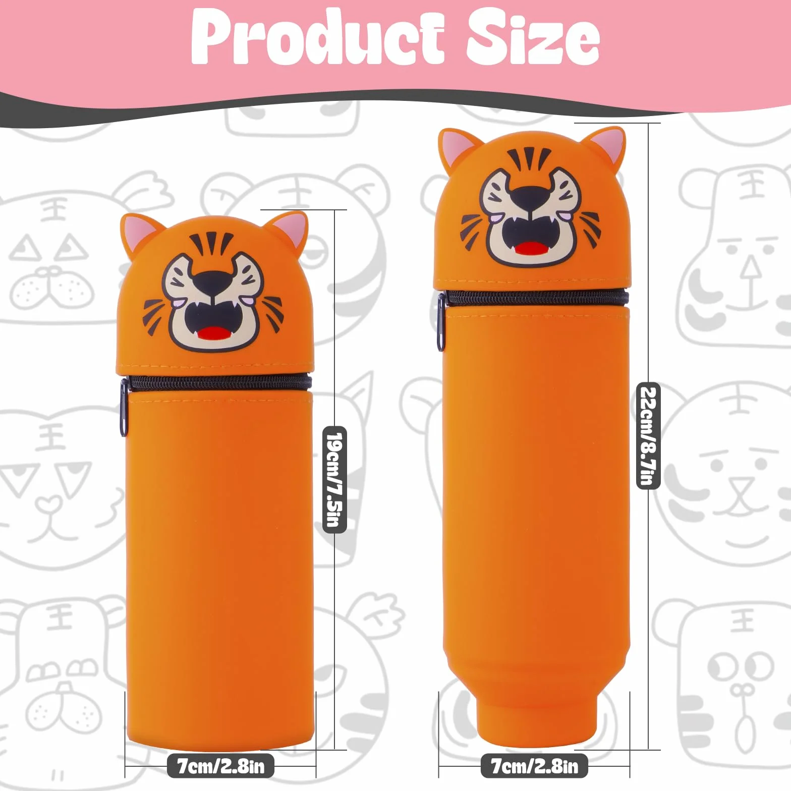 Trousse Scolaire en Silicone Télescopique Kawaii Tigre 2 en 1 avec Fermeture Eclair