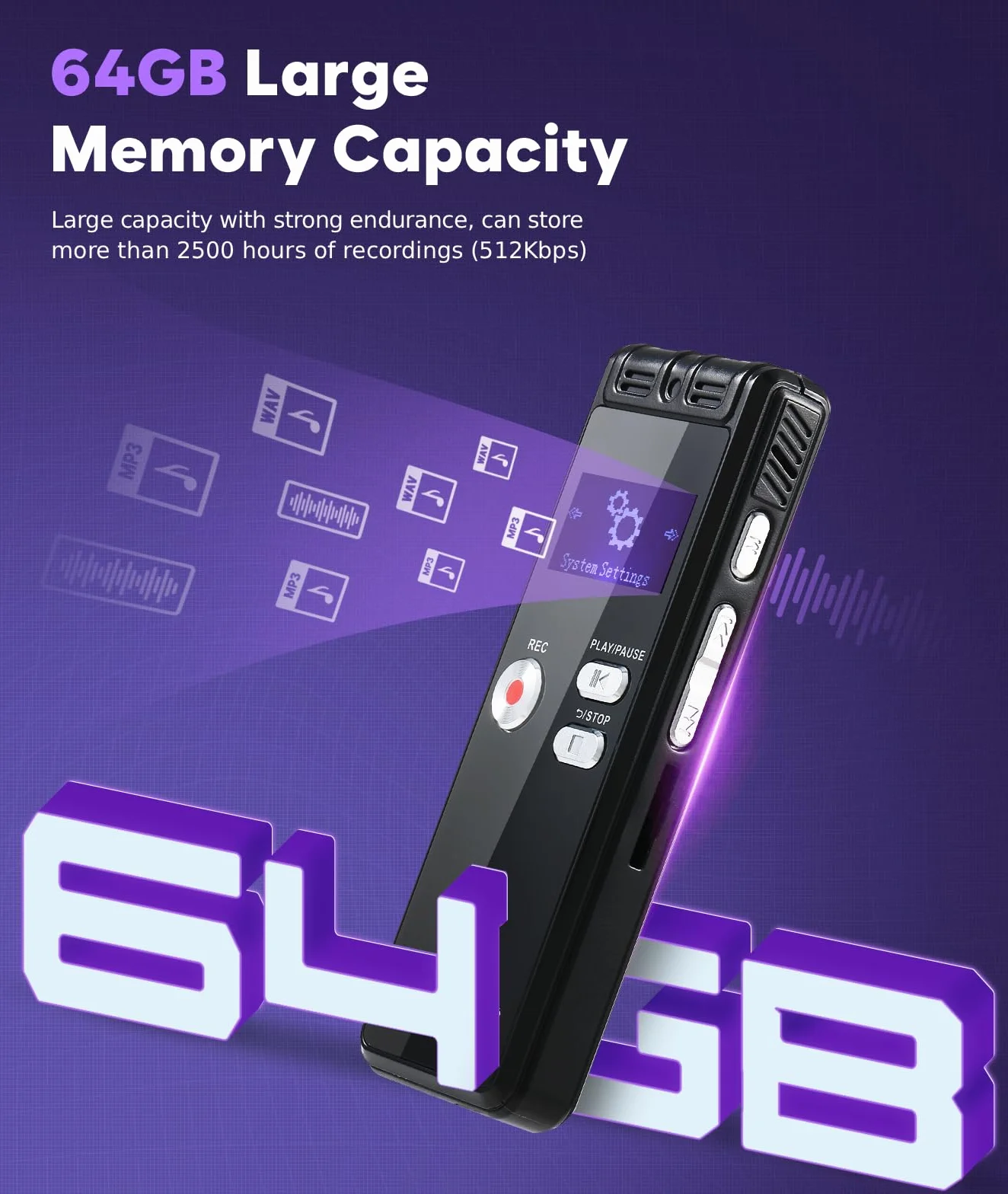 Dictaphone 64G 1536 kbps Enregistreur Vocal Numérique Type-C One-Touch HD Dual MIC