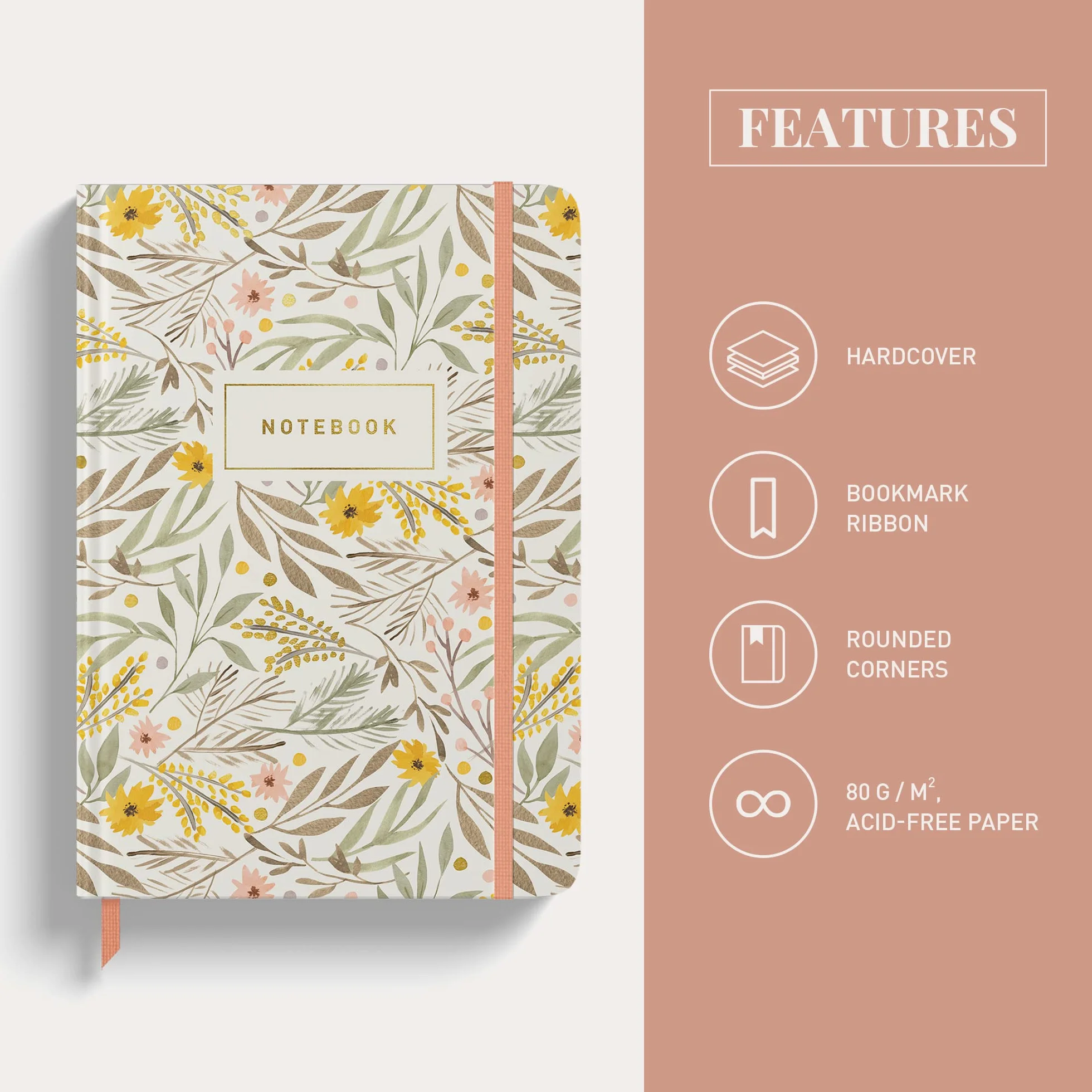 Carnet Rileys & Co Journal ligné 20,3 x 15,2 cm Couverture en feuille d'or 240 pages Couverture rigide Floral