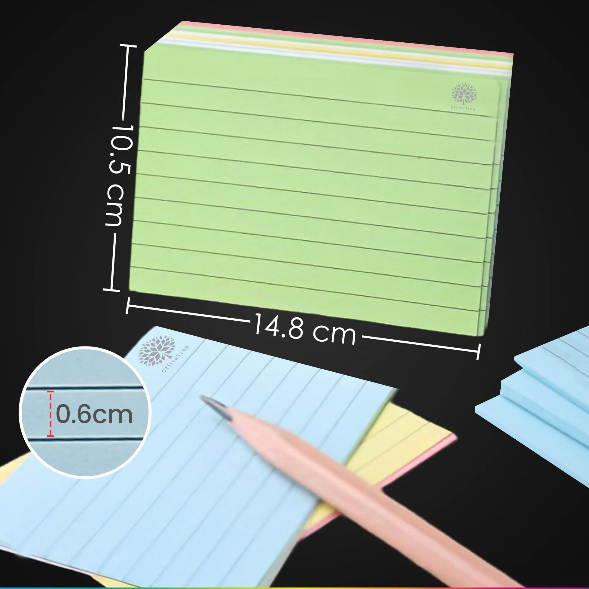 OfficeTree 250x Flash Cards A6 Lignées 5 Couleurs - Fiches Bristol pour Études et Révision