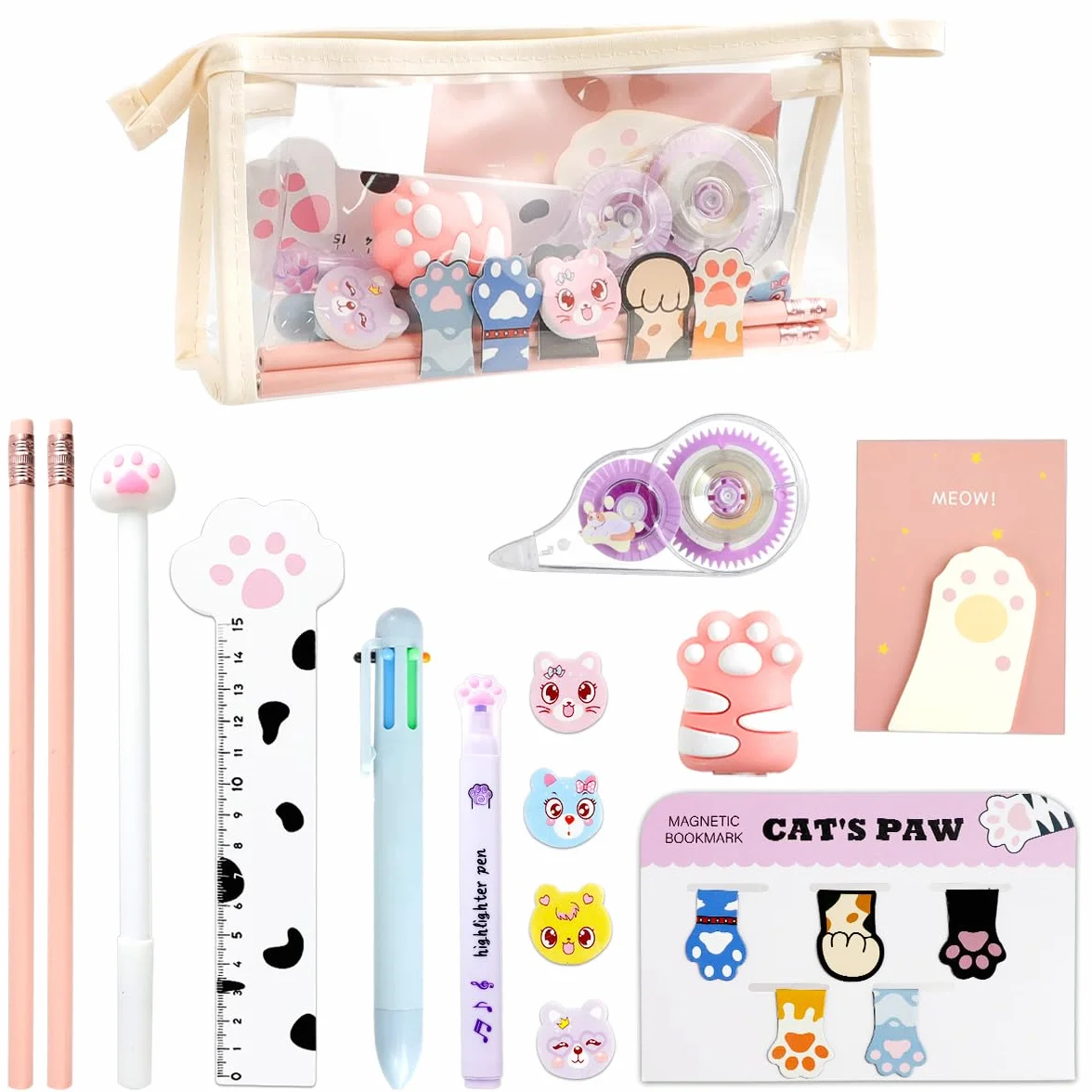 Kit Papeterie Patte de Chat 19 PCS Mini Rouleau à Crayons Ruban Correcteur Notes Adhésives Signets Magnétiques Stylos Pointeurs Gomme Règle Surligneurs