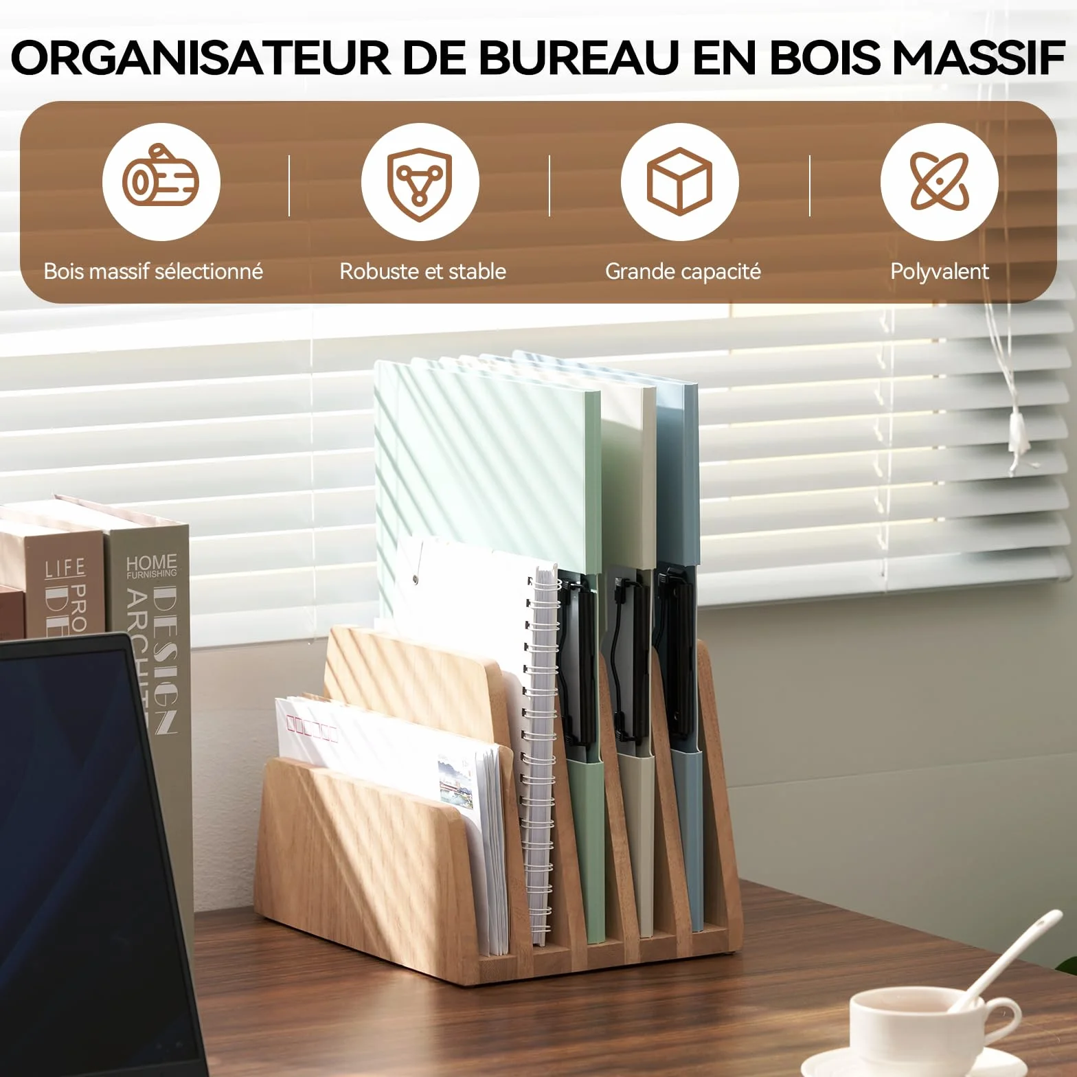 KIRIGEN Bureau en bois Organisateur de courrier 5 slots File Paper Holder Document Letter Holder