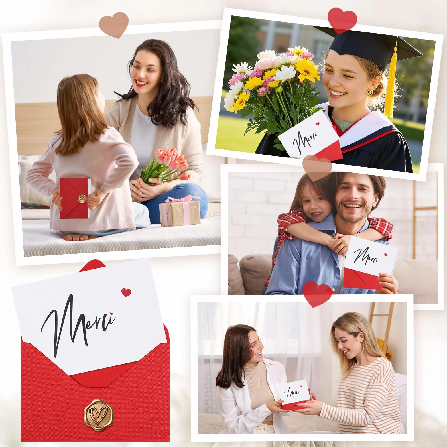 Carte Merci avec Enveloppe en Lin et Cachet Cire, Cadeau Fin d'Études 15 x 10.5 cm