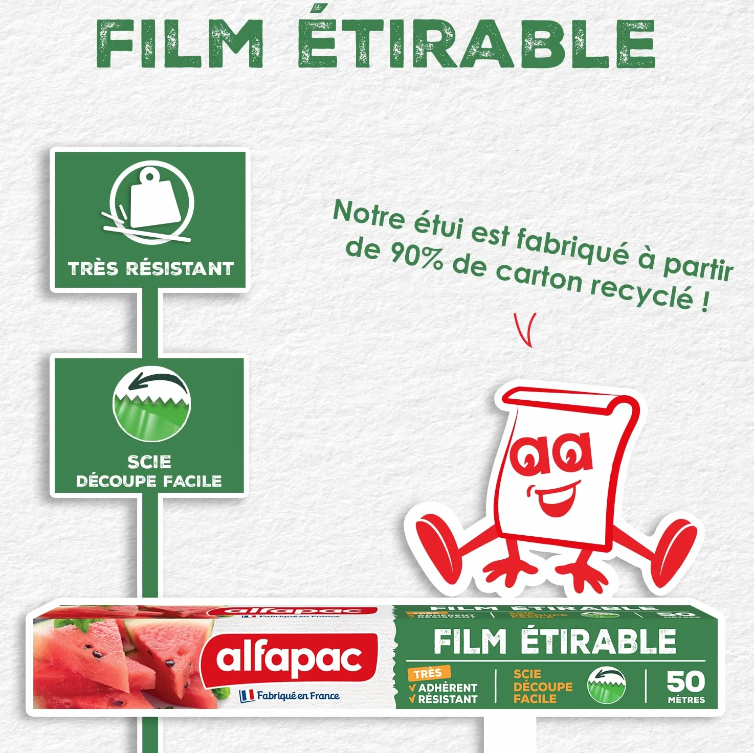 Alfapac film étirable 50M adhérent résistant fabriqué en France