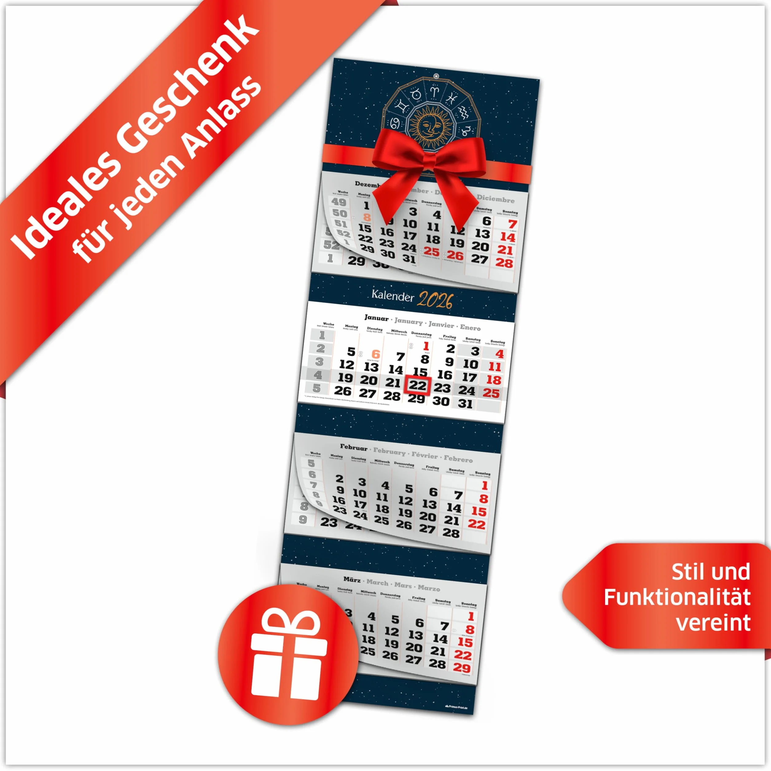 Primus Print Calendrier mural XXL 2026 4 mois avec curseur de date à suspendre jours fériés vacances motifs signe du zodiaque