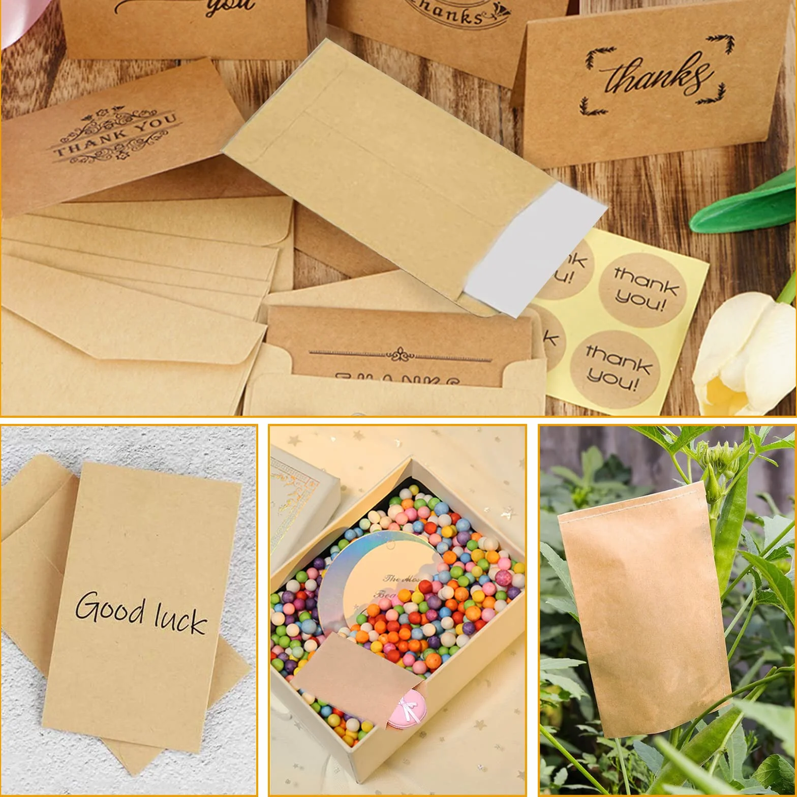 Mini Enveloppe Kraft 100 Pièces avec Ruban Adhésif Double Face 9x16cm pour Cadeau Mariage