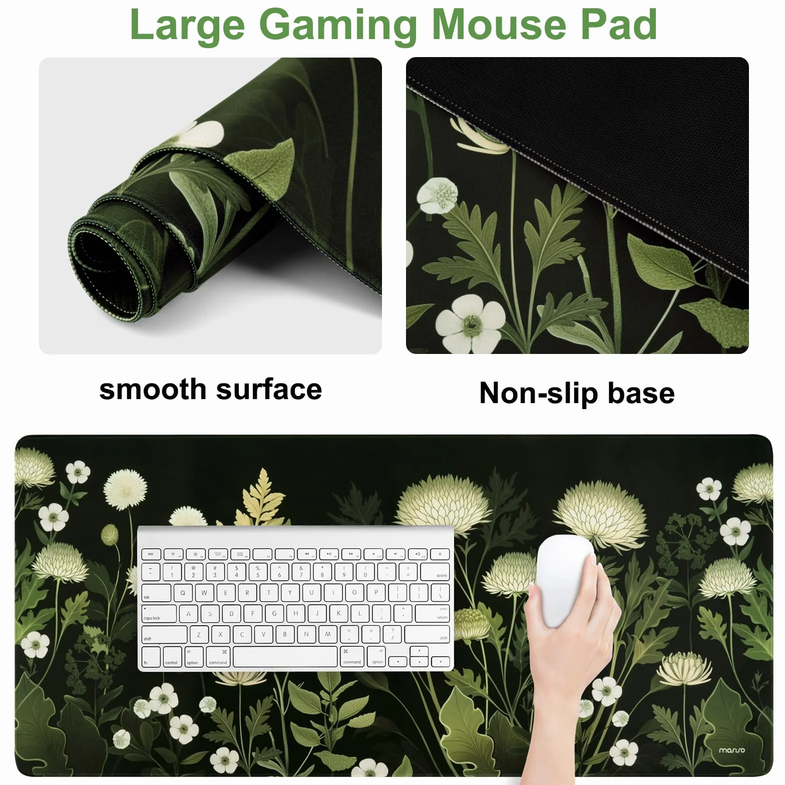 MOSISO Set Repose-poignet et Tapis de Souris Chrysanthème Sauvage Grand Format Ergonomique Antidérapant Mousse Mémoire Noir
