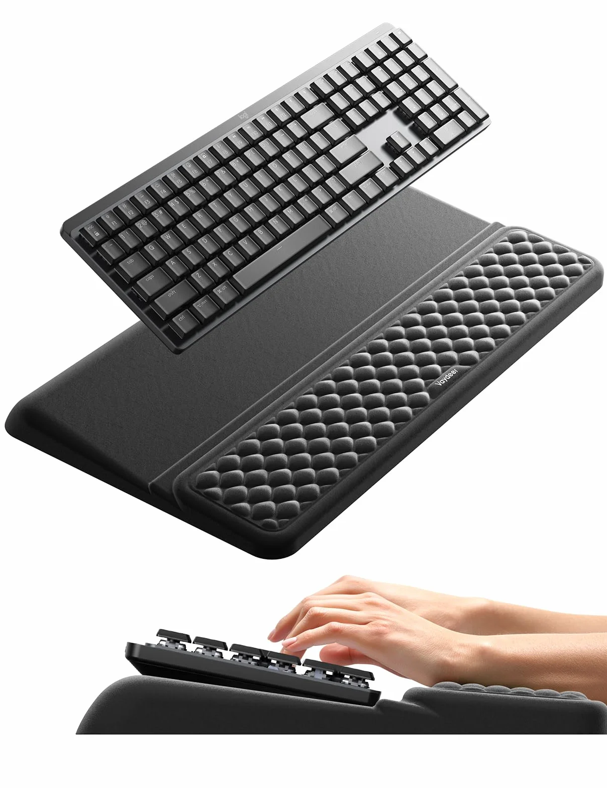 VAYDEER Repose-Poignets Ergonomique avec Rehausseur de Clavier, Support 2-en-1 en Mousse à Mémoire de Forme, Antidérapant pour Bureau – Noir