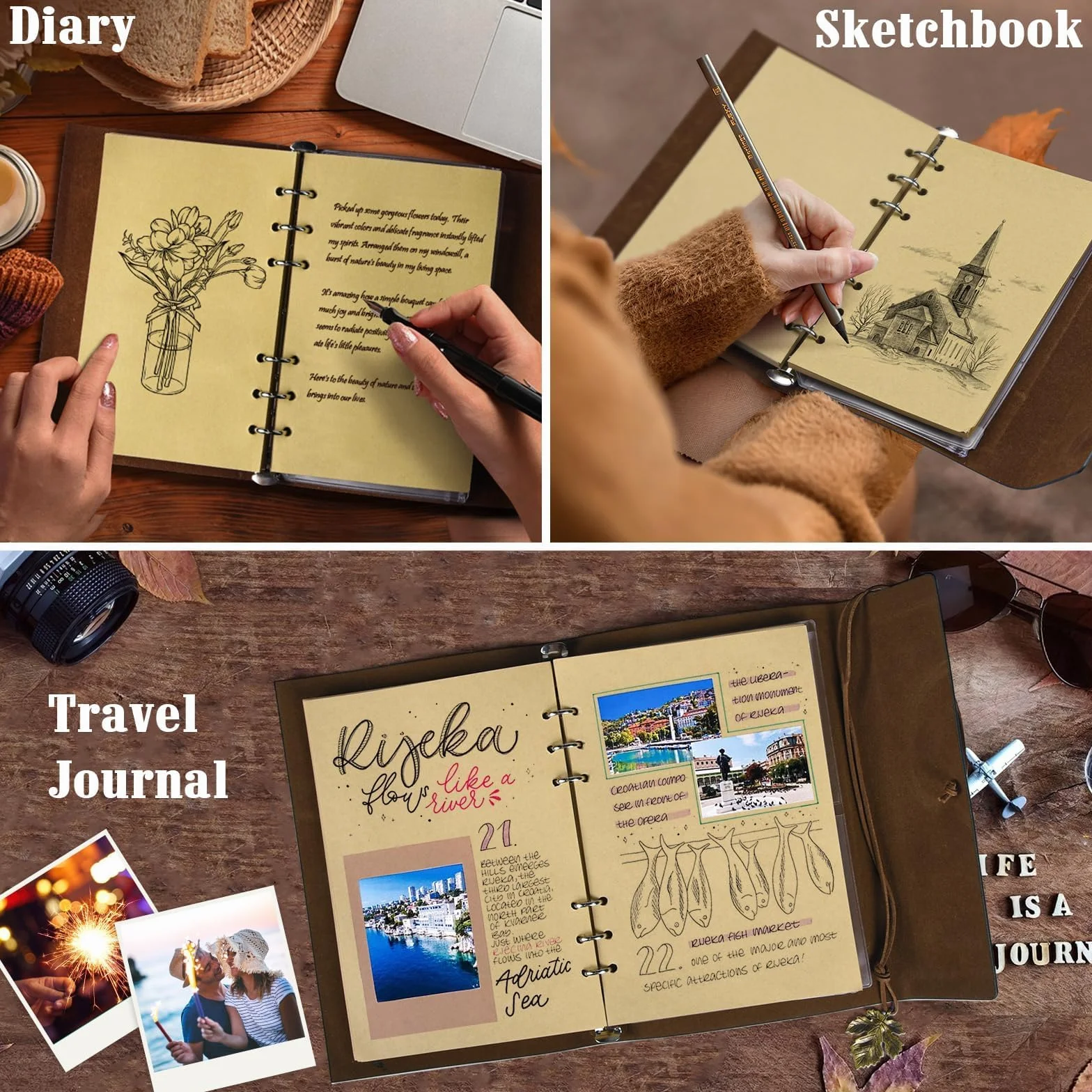 OMEYA Carnet de Notes Vintage Cuir A5 23,9 x 16,5 cm Rechargeable Brun