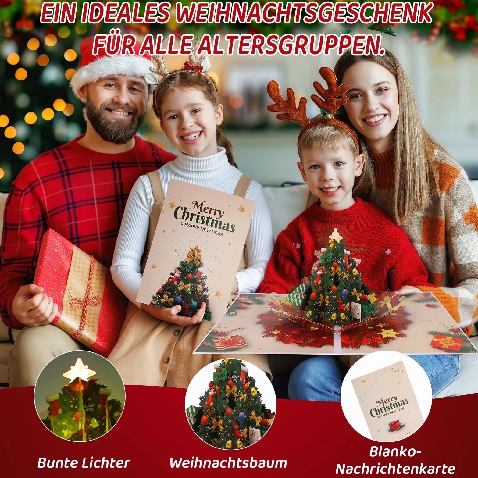 Carte de Noël pop-up avec musique et lumière arbre de Noël 3D cadeau