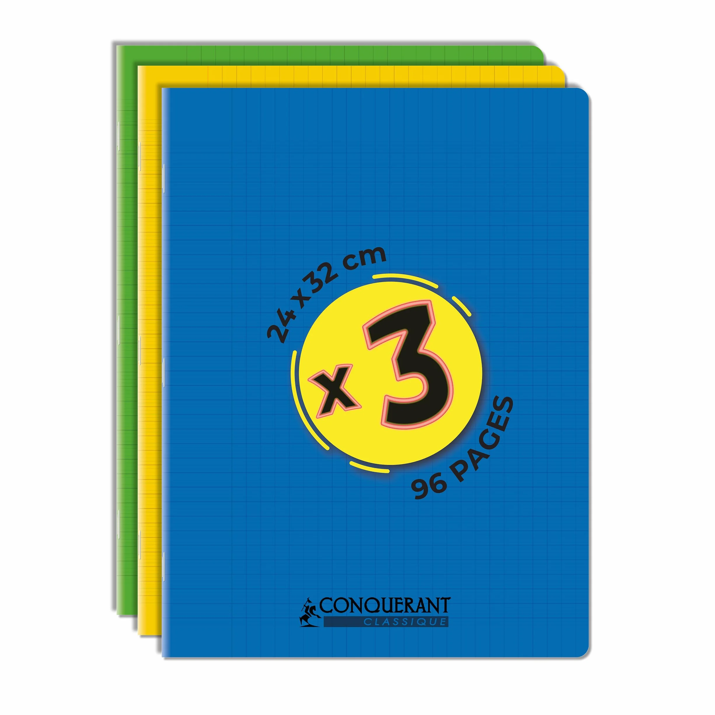 Cahiers 24x32 96 Pages Grands Carreaux Seyès Lot de 3 Conquérant Classique