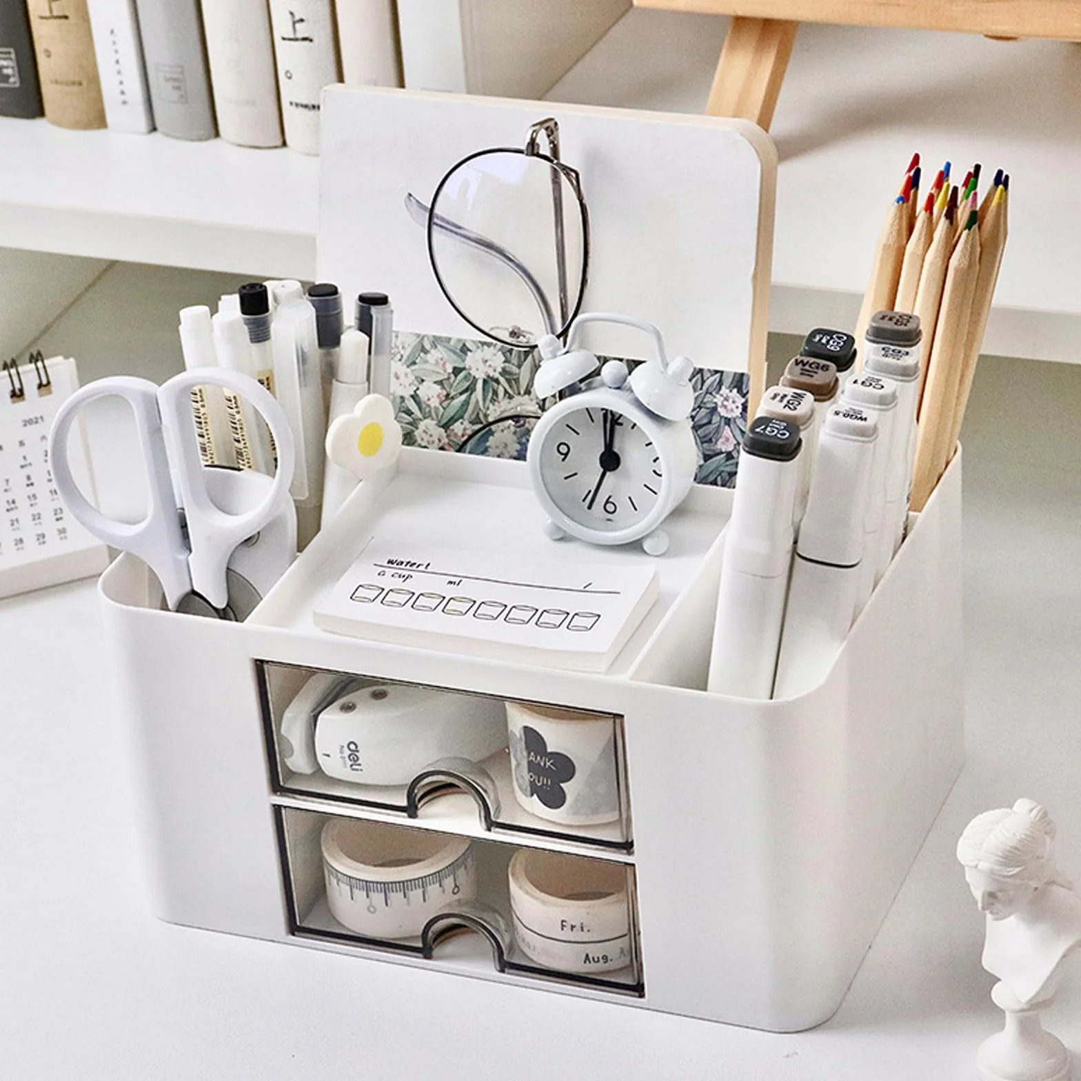 Organisateur de Bureau en Plastique avec 5 Compartiments & 2 Tiroir, Multifonction, Blanc