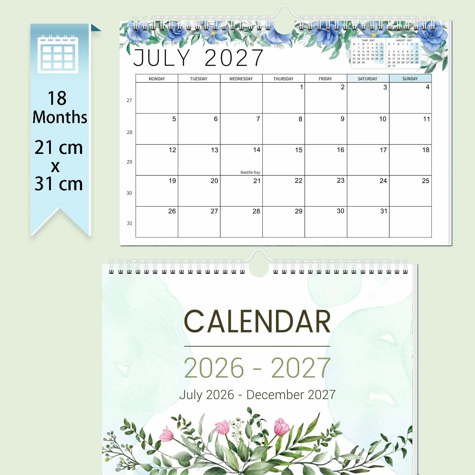 Calendrier Mural 2026/2027 18 Mois Juillet 2026 à Décembre 2027 Familial