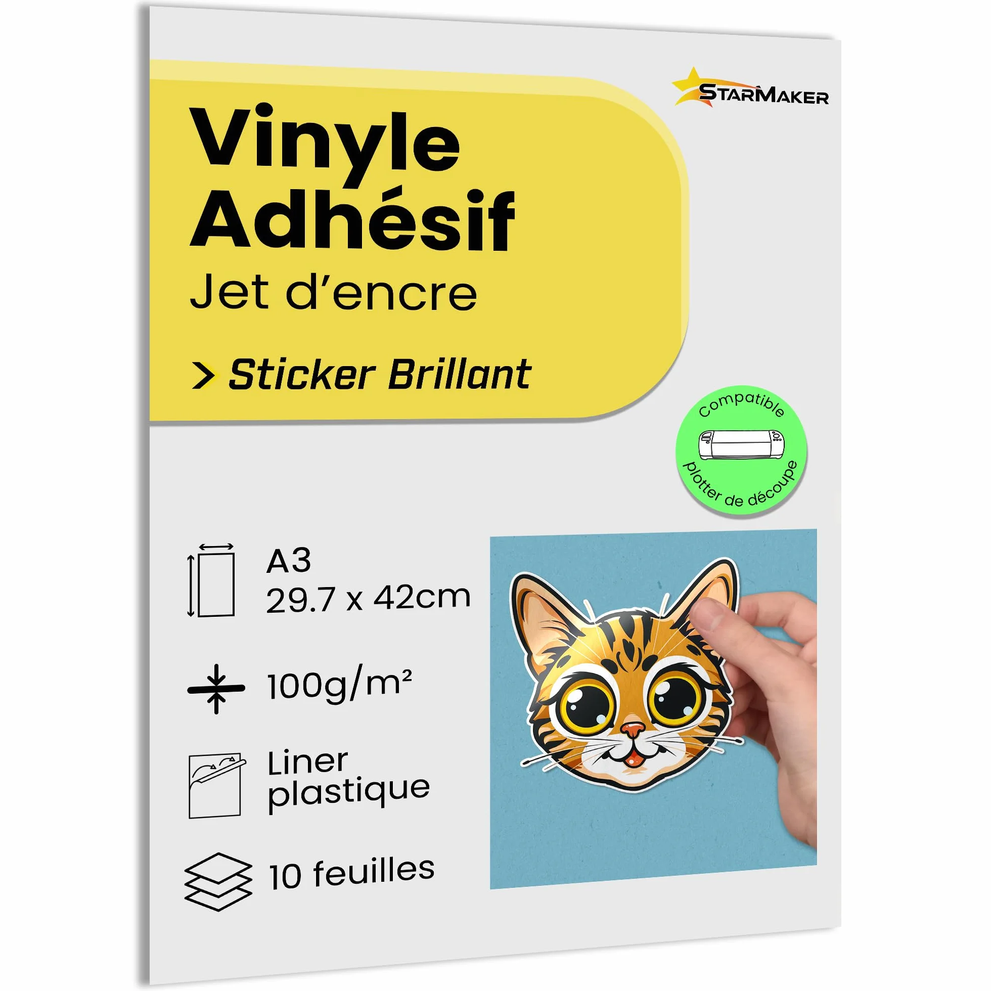 Vinyle Brillant Autocollant A3 x 10 Feuilles Papier adhésif imprimable Jet d'Encre Étanche