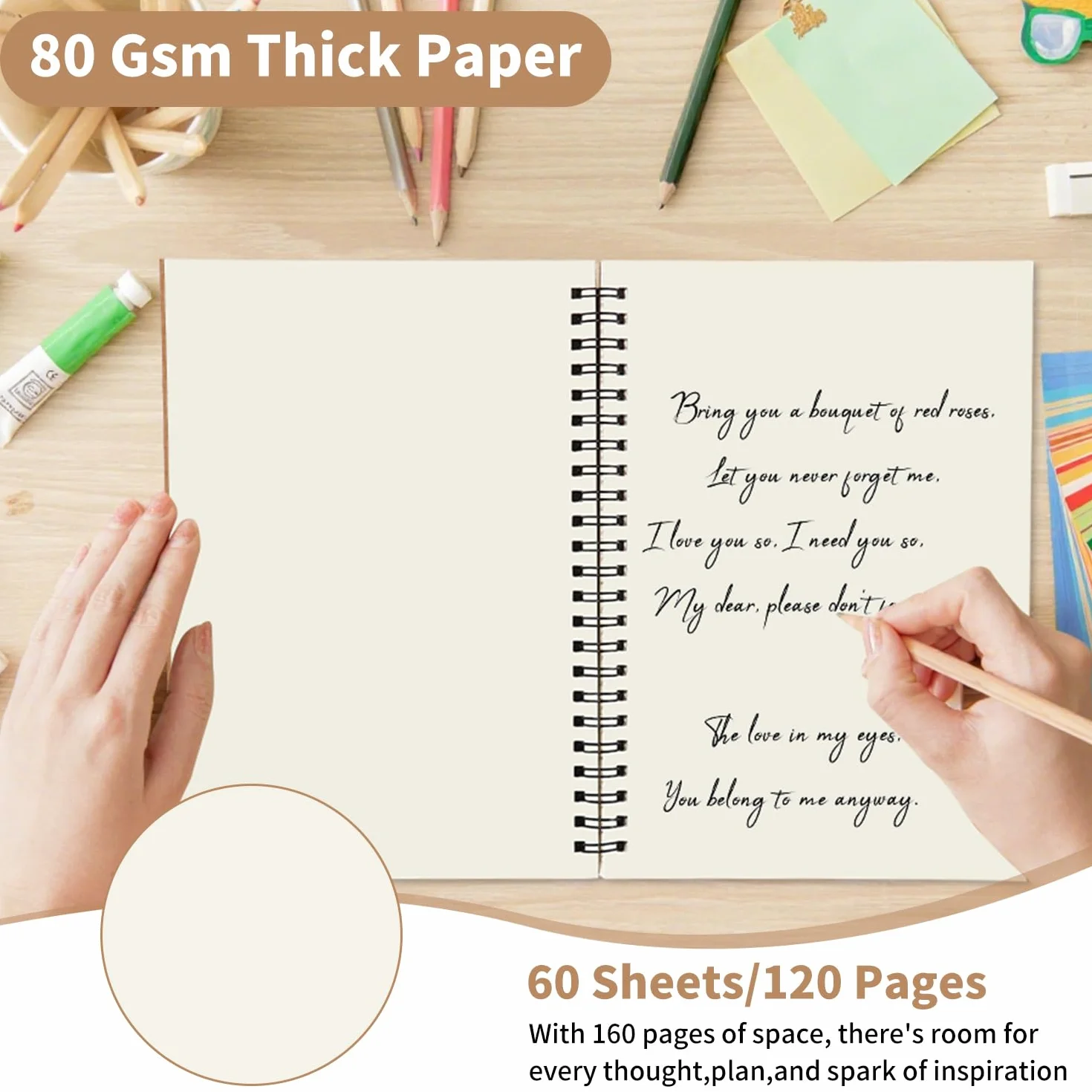 Cahier à Spirale A5 Lot de 5, 60 Feuilles/120 Pages, 80 g/m², Kraft Couverture, Carnet Dessin