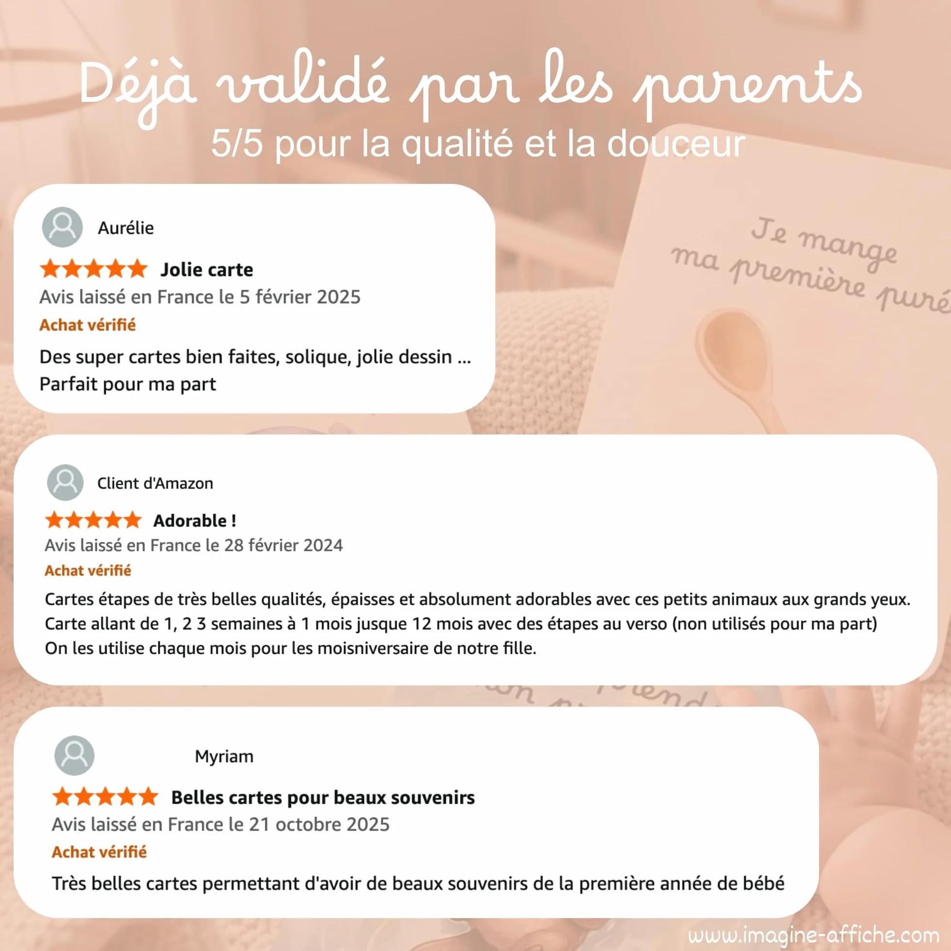Cartes étapes bébé 0-12 mois Animaux de la forêt 15 cartes grand format 13x18 cm recto/verso Fabriqué en France