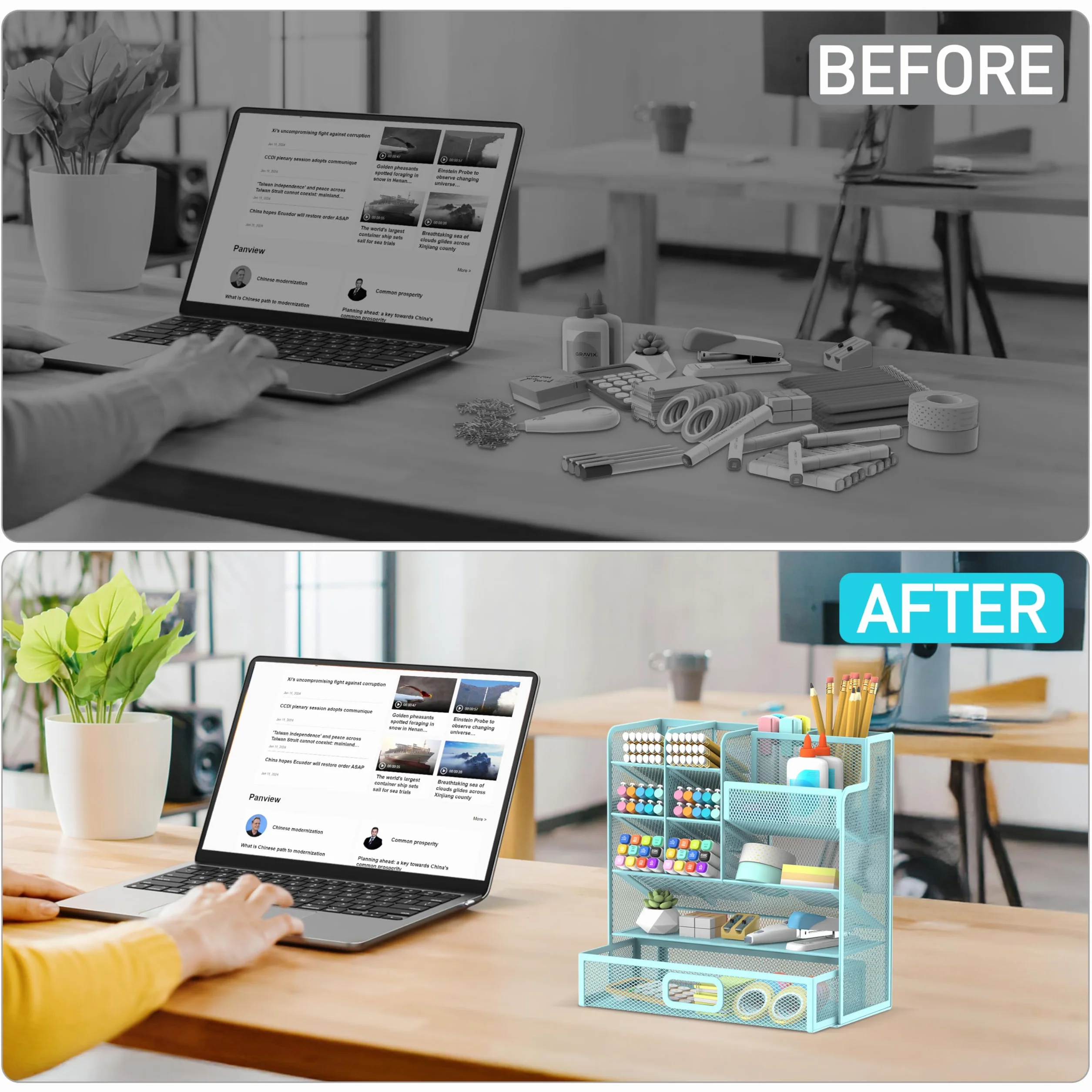 SUPEASY Porte-stylo organiseur bureau maille métallique bleu