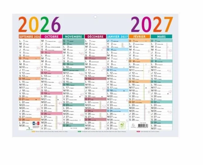 Exacompta 34310E Calendrier Multicolore 29,5 x 22 cm 13 mois septembre 2026 à septembre 2027 Semaines numérotées
