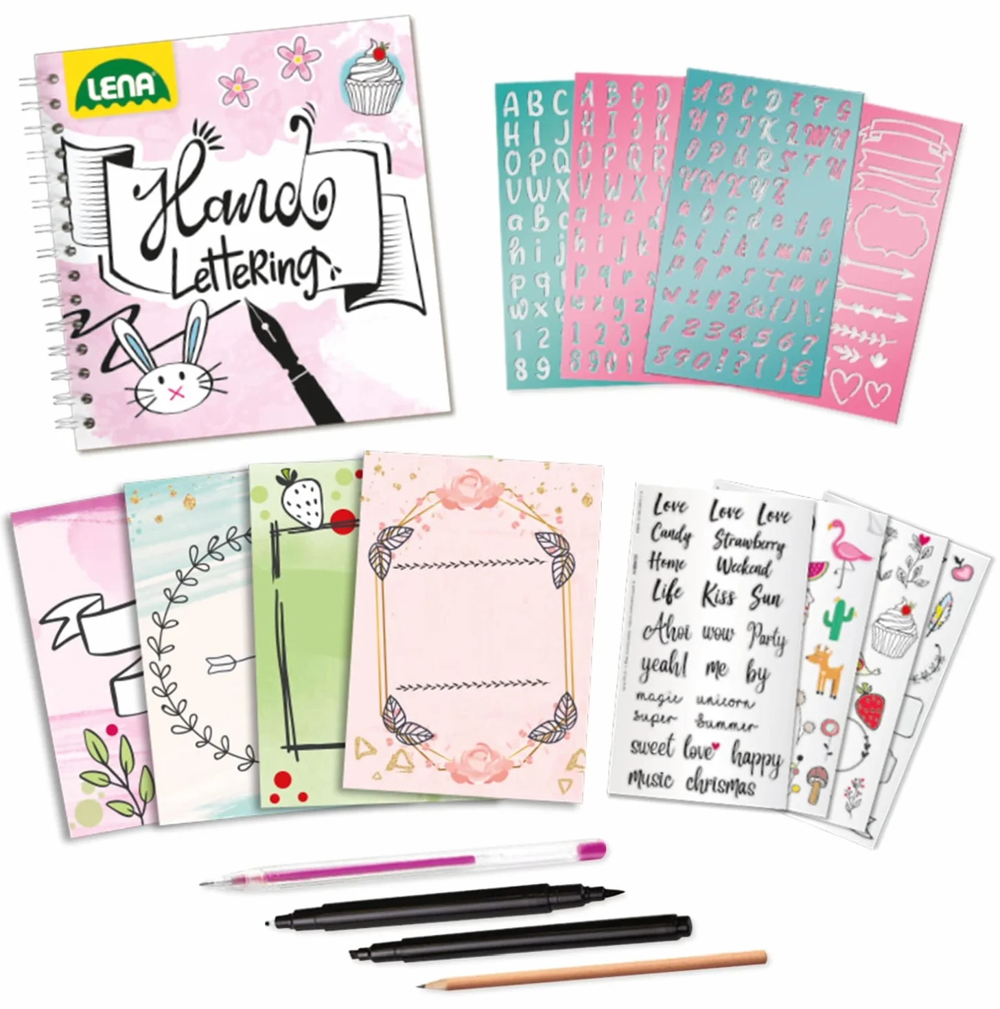 LENA Handlettering Kit de départ Set de Peinture avec carnet à Anneaux, 4 pochoirs de Lettres, 4 Crayons, 4 Feuilles d'autocollants, 4 Cartes Postales, 8 Ans