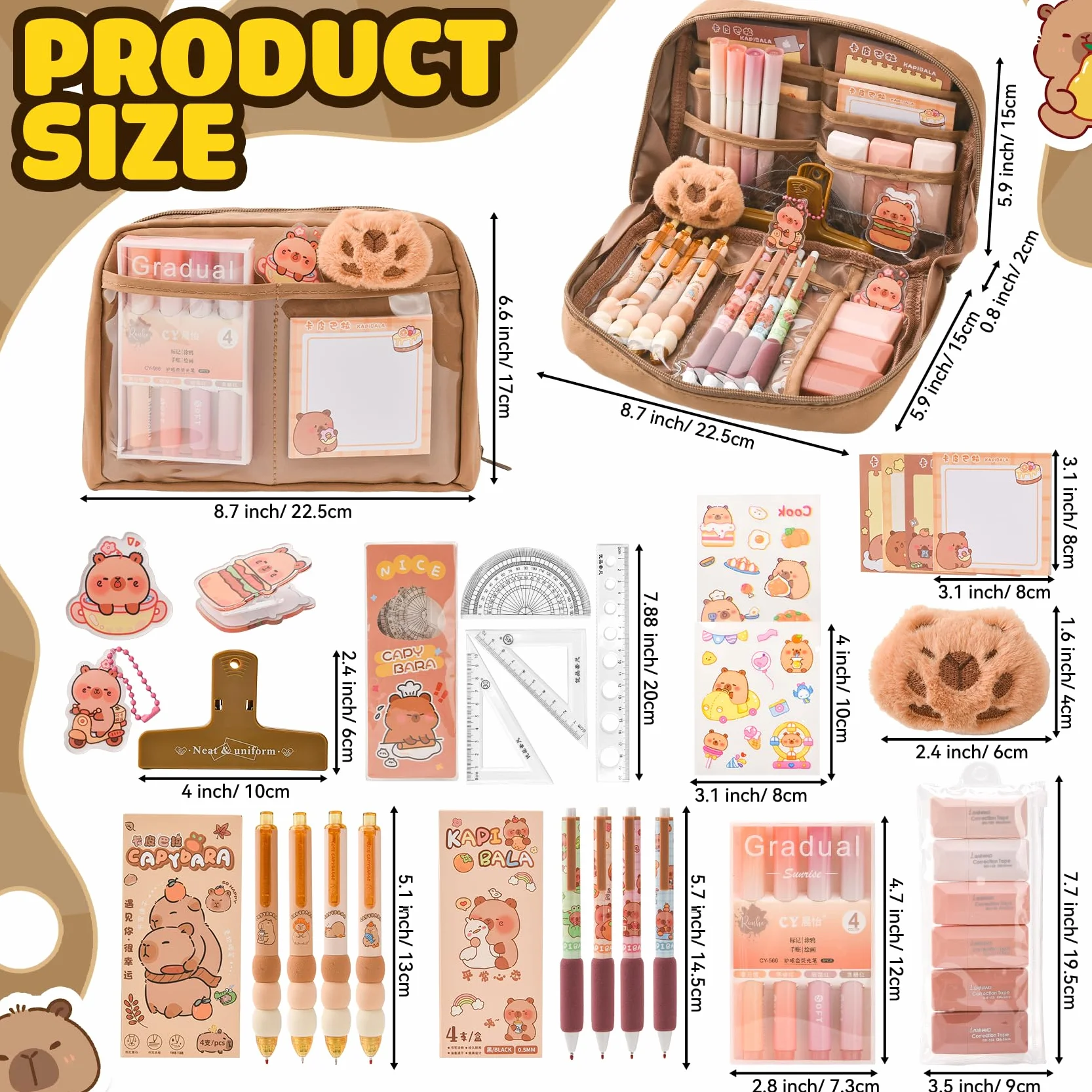 Kit de Fournitures Scolaires Capybara avec Trousse – Set Cadeau pour Enfants, Stylos, Règles