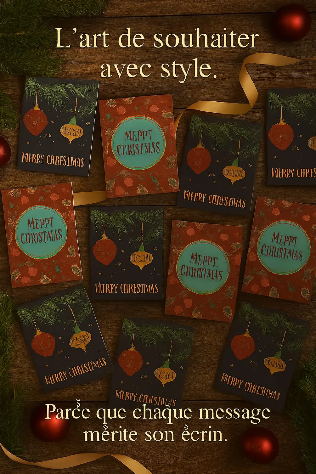 Coffret de 10 Cartes de Noël de Luxe avec Enveloppes – Designs Festifs Élégants, Ornements Dorés, FSC Certifié