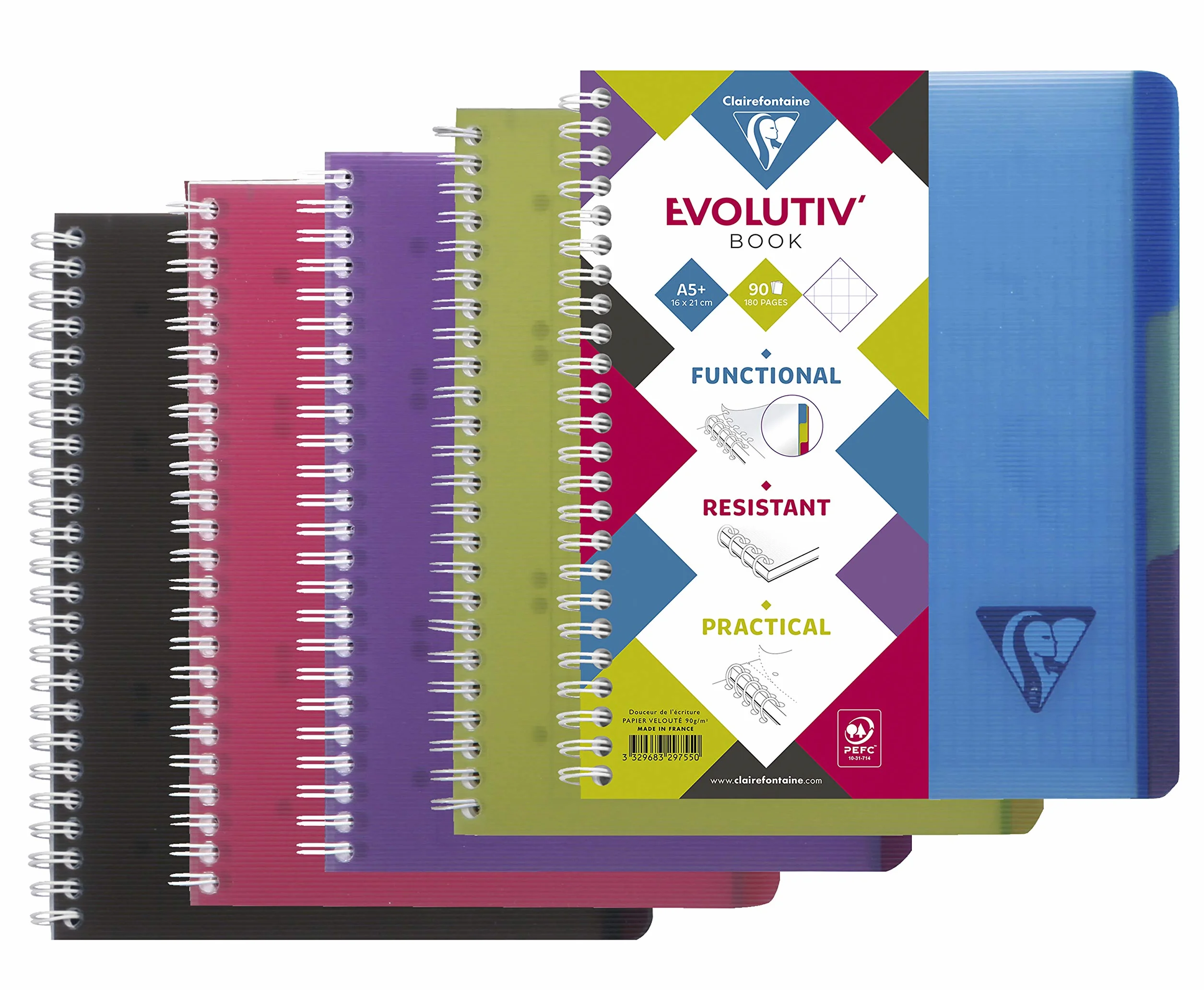 Clairefontaine Linicolor Intensive Evolutiv'Book A5+ 16x21cm Carnet à Spirale Perforé 180 Pages Petits Carreaux 90g