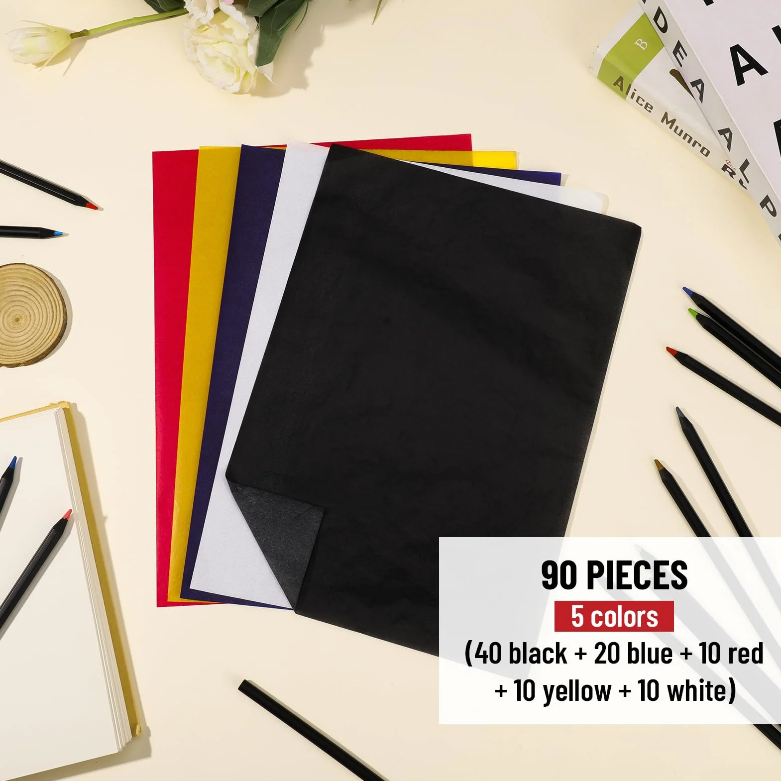 Lot de 90 feuilles papier transfert carbone multicolore A4 pour motifs couture bois toile