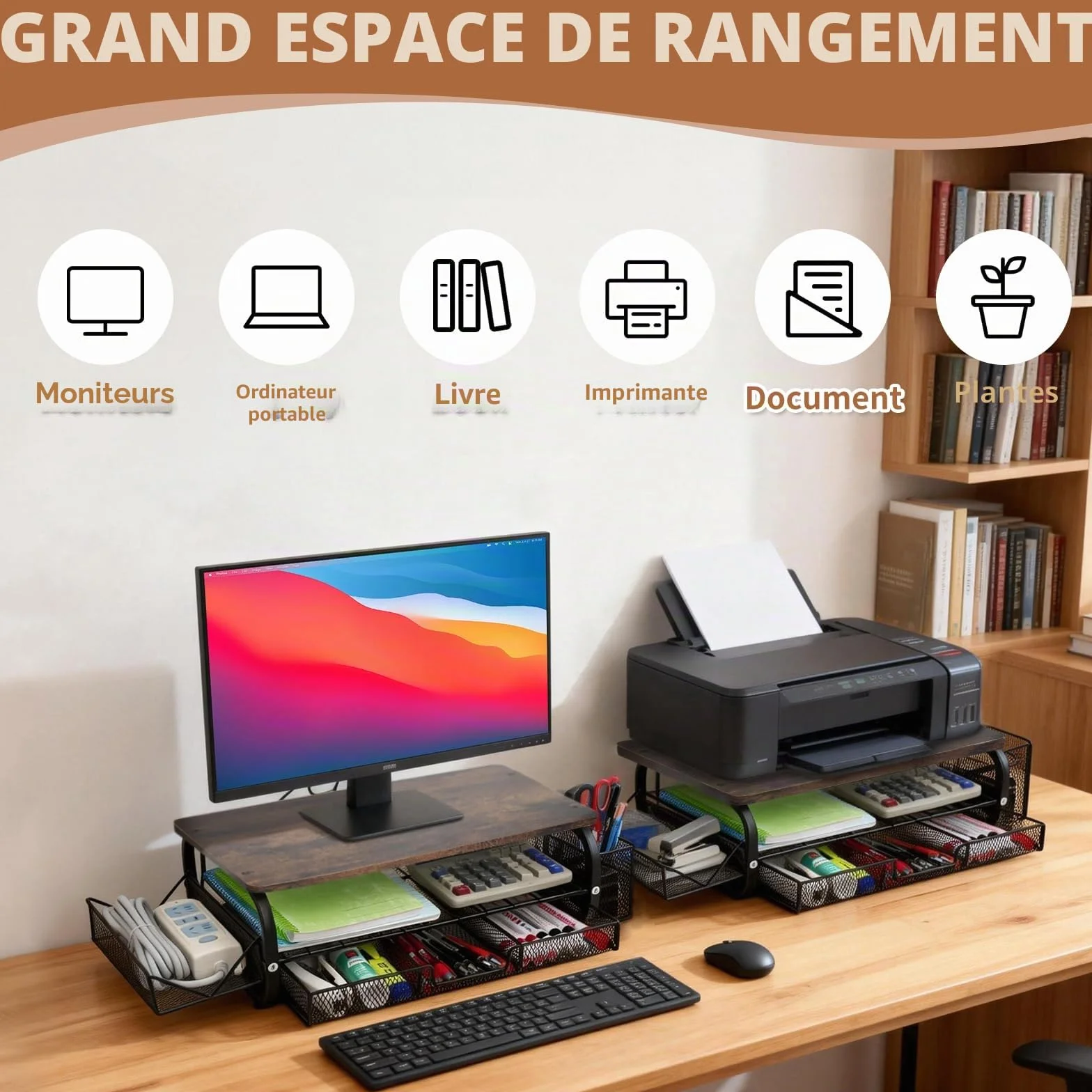 Support d'Écran Vintage 30kg/66lbs - Élévateur Ergonomique Multifonction pour Bureau avec Plateau et Attaches Câbles - Brun Rétro