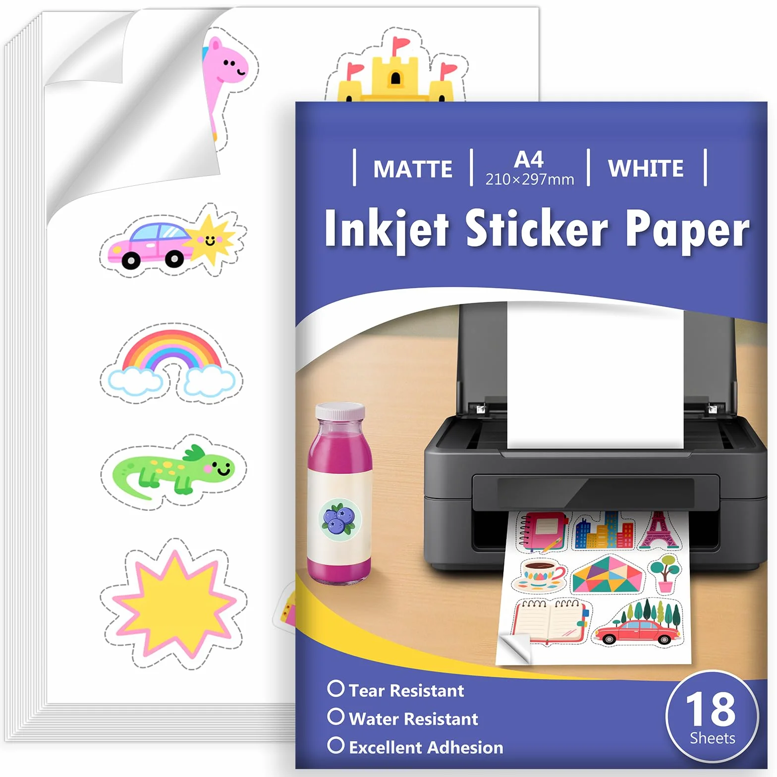 Euqvunn 18 Sheets Feuille Autocollante Imprimante A4, Blanc Mat Imperméable Vinyle Imprimable Papier Autocollant, 210x297mm