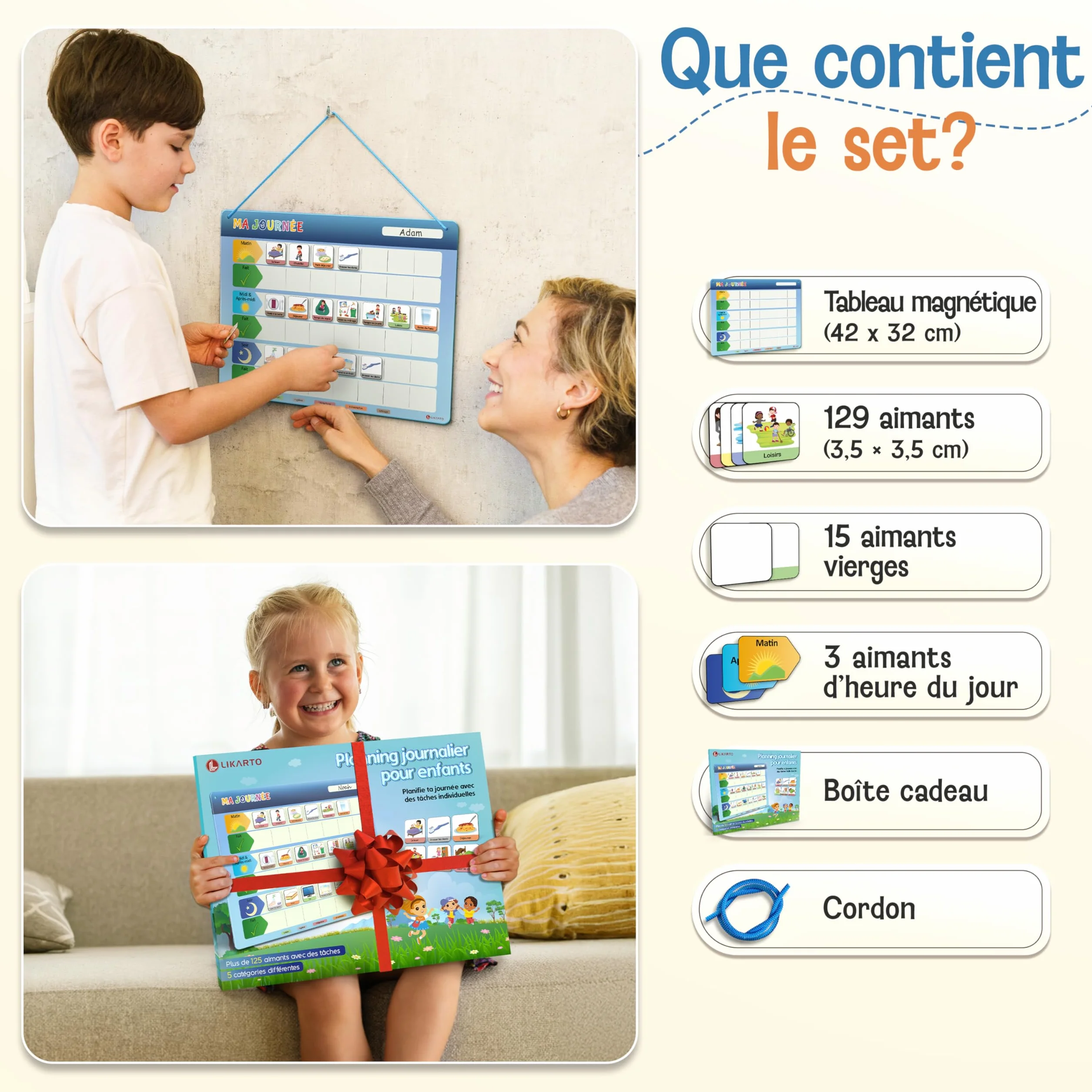 LIKARTO Tableau magnétique Montessori Enfants avec 147 aimants - Planning journalier inscriptible effaçable