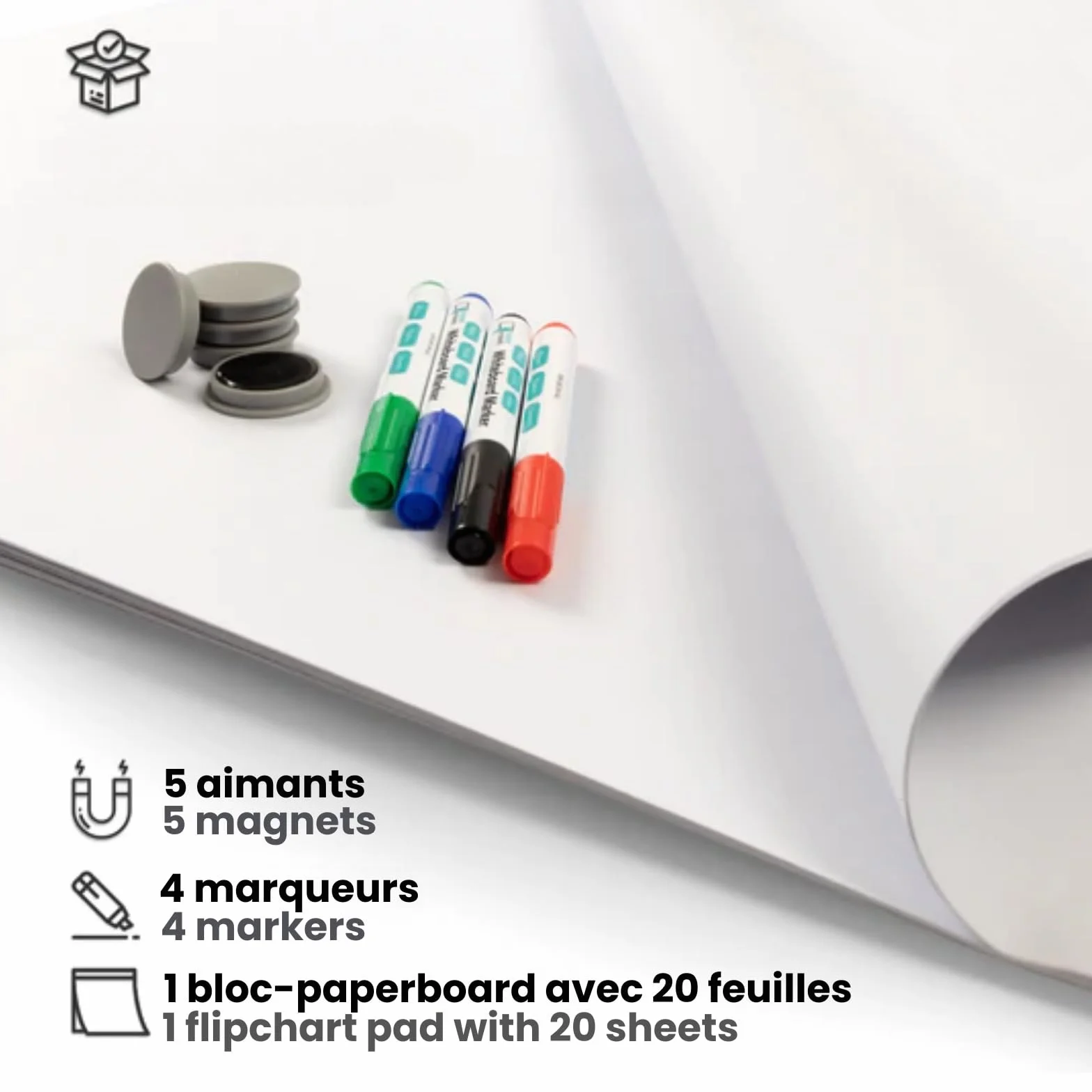 KARAT Ensemble d'accessoires pour chevalet de présentation - 20 Feuilles de Papier Vierge Fin Blanc 98 x 68 cm, 80 g/m², 4 marqueurs, 5 aimants