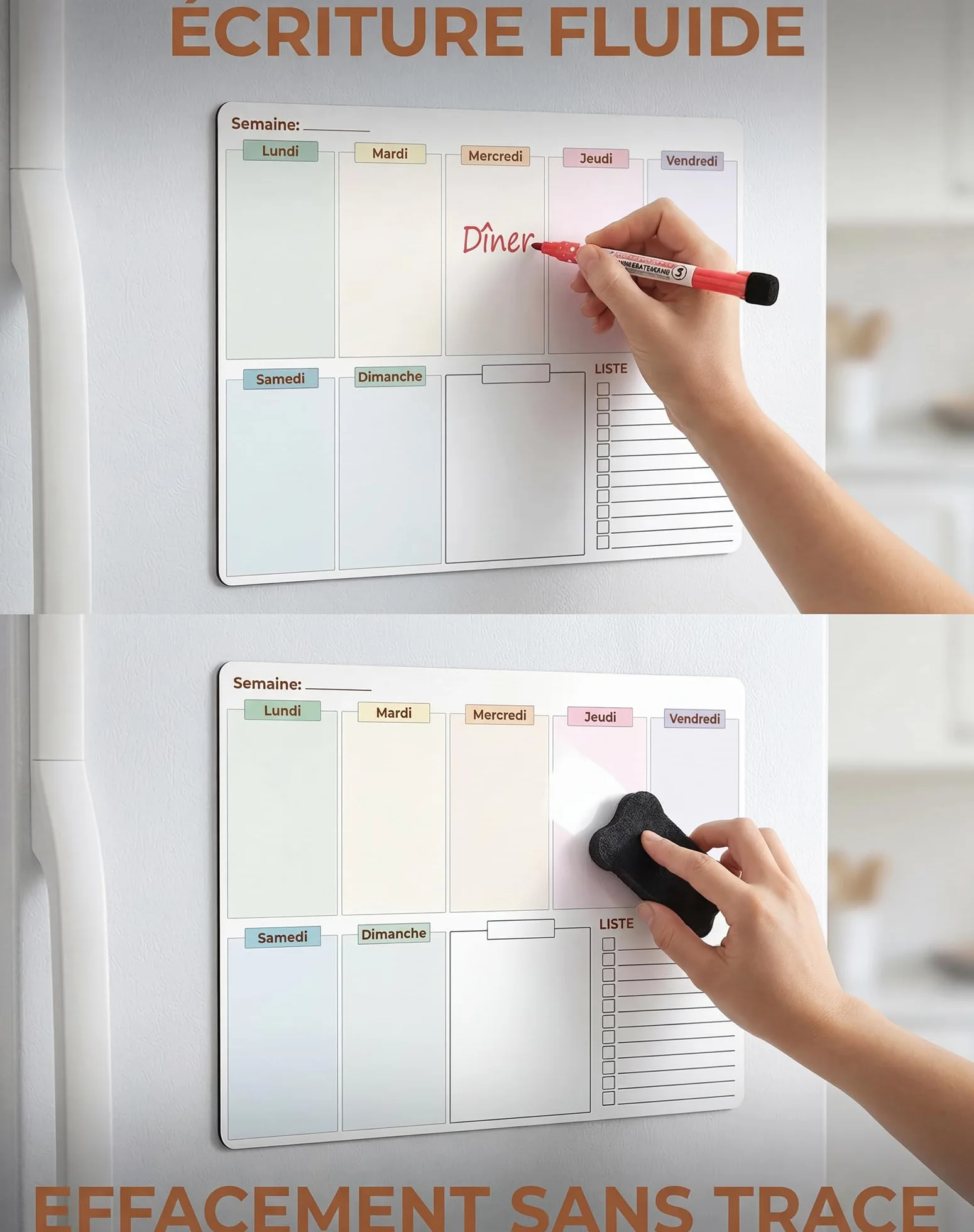 Frigo magnétique effaçable Semainier organisateur familial pour réfrigérateur Tableau blanc réutilisable menus tâches rendez-vous