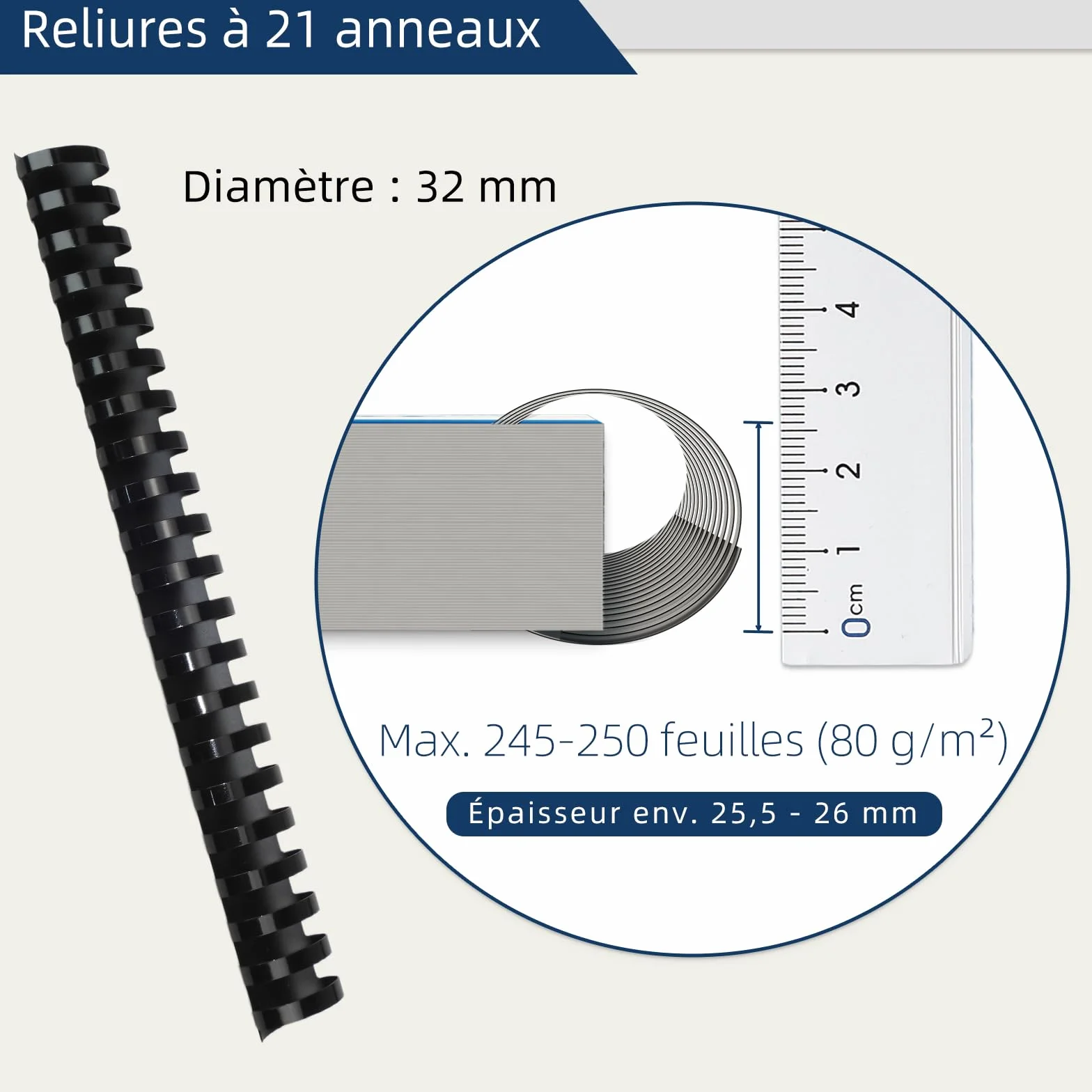 Peignes de reliure 250 feuilles 21 anneaux 32 mm A4 Noir