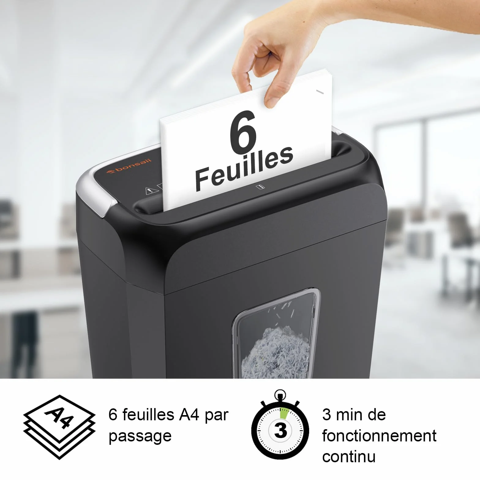 Bonsaii Broyeur Papier 6 Feuilles C237-B 13 litres Déchiqueteuse Cartes Crédit Trombones