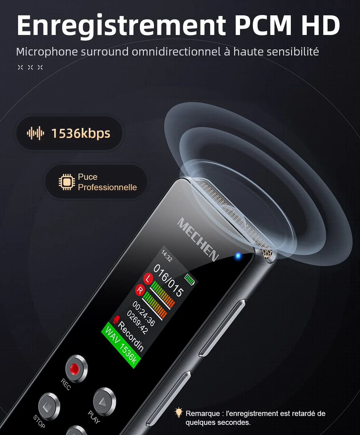 MECHEN Enregistreur Vocal 64 Go, Enregistrement HD 1536 kbps, Réduction du Bruit Automatique, Lecteur MP3