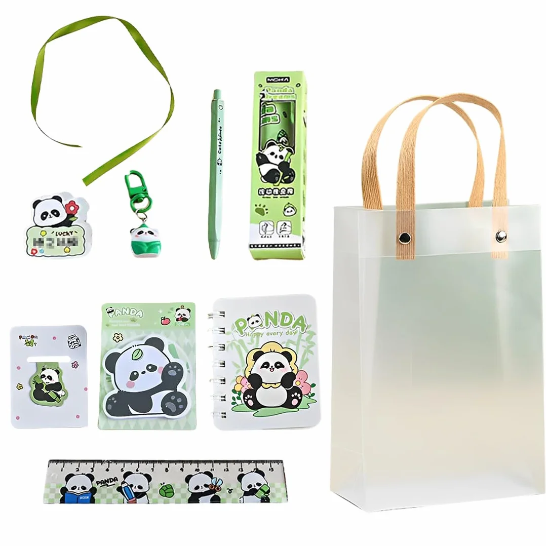 Kawaii Panda Fourniture Scolaire Set avec Gomme Règle Stylo Bloc-Notes Cadeau Rentrée Classes Enfant