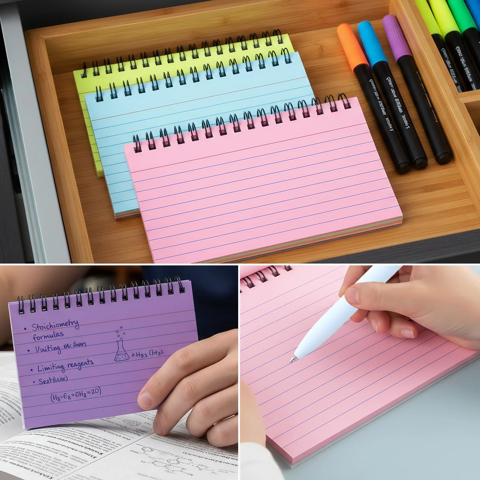 Lot de 6 Fiches Bristol 300 Feuilles Flashcards 12,5 x 7,5 cm avec 2 Stylos 5 Couleurs pour Révision Apprentissage
