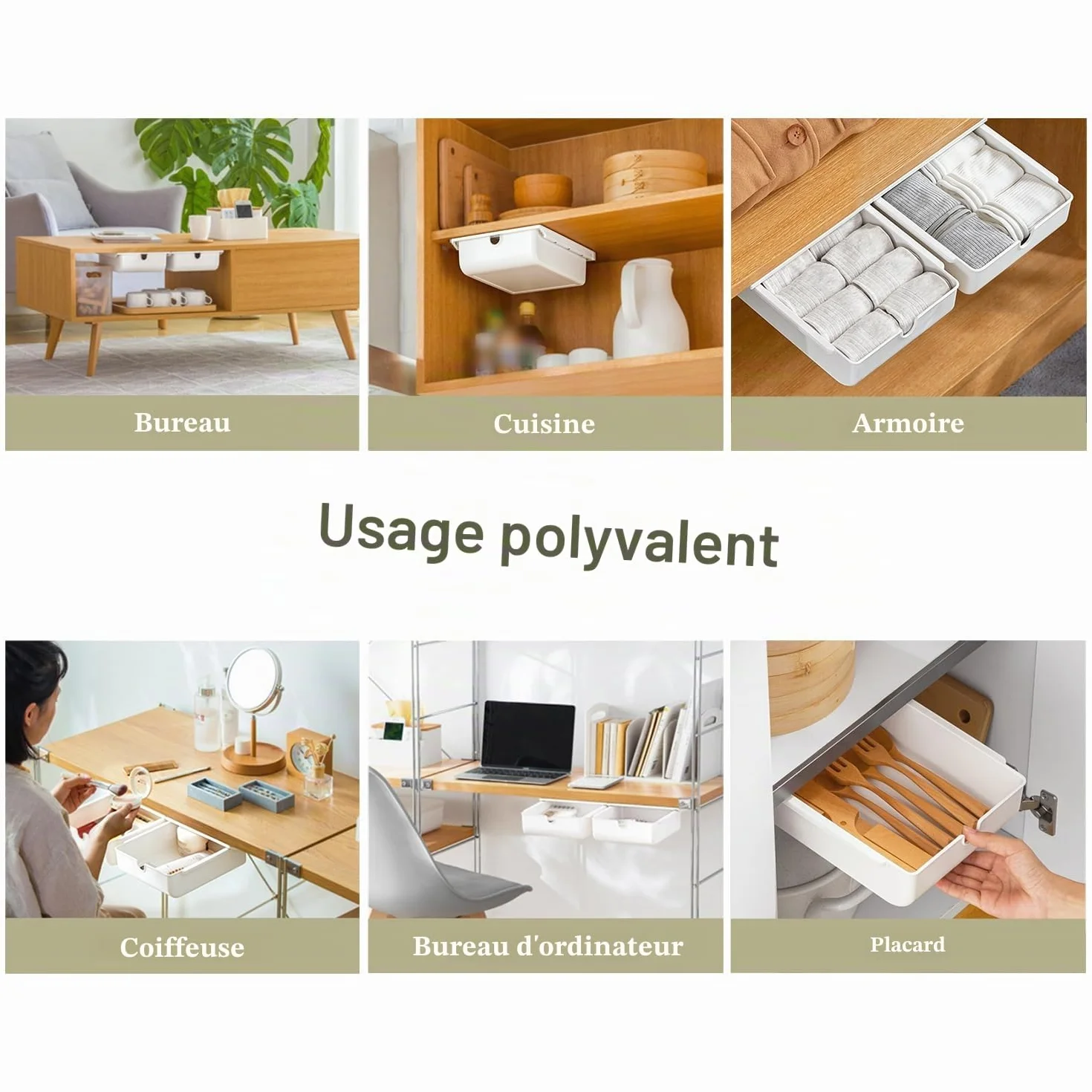 FRETONBA Mini boîte de rangement autocollante sous le bureau - Organiseur de tiroir caché Blanc