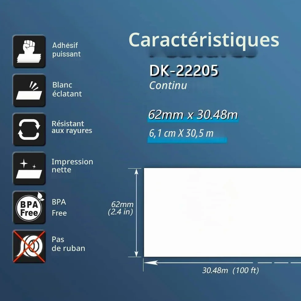 BETCKEY DK-22205 Rouleau de Papier Continu Compatible Brother 62mm x 30.48m 10 Étiquettes