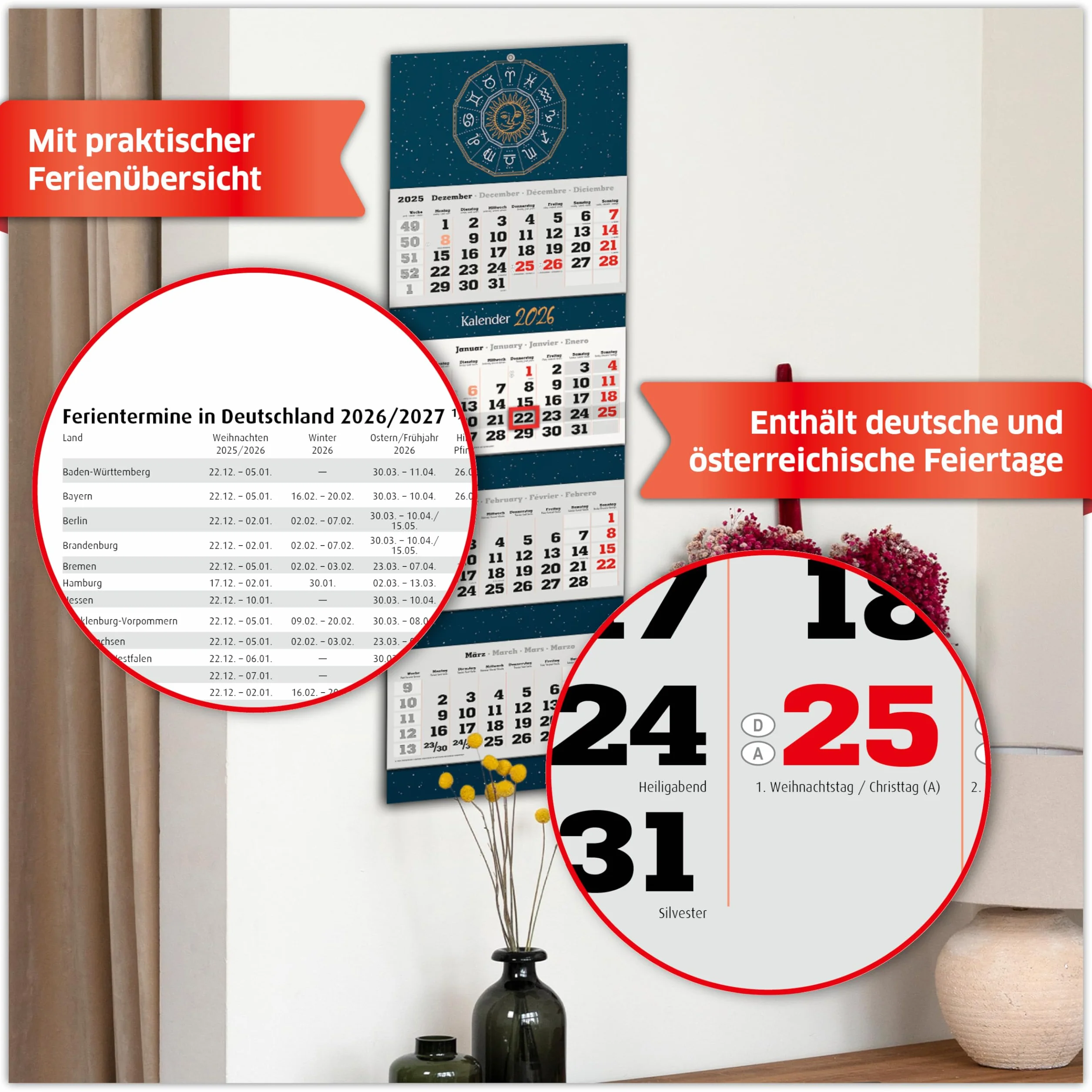 Primus Print Calendrier mural XXL 2026 4 mois avec curseur de date à suspendre jours fériés vacances motifs signe du zodiaque