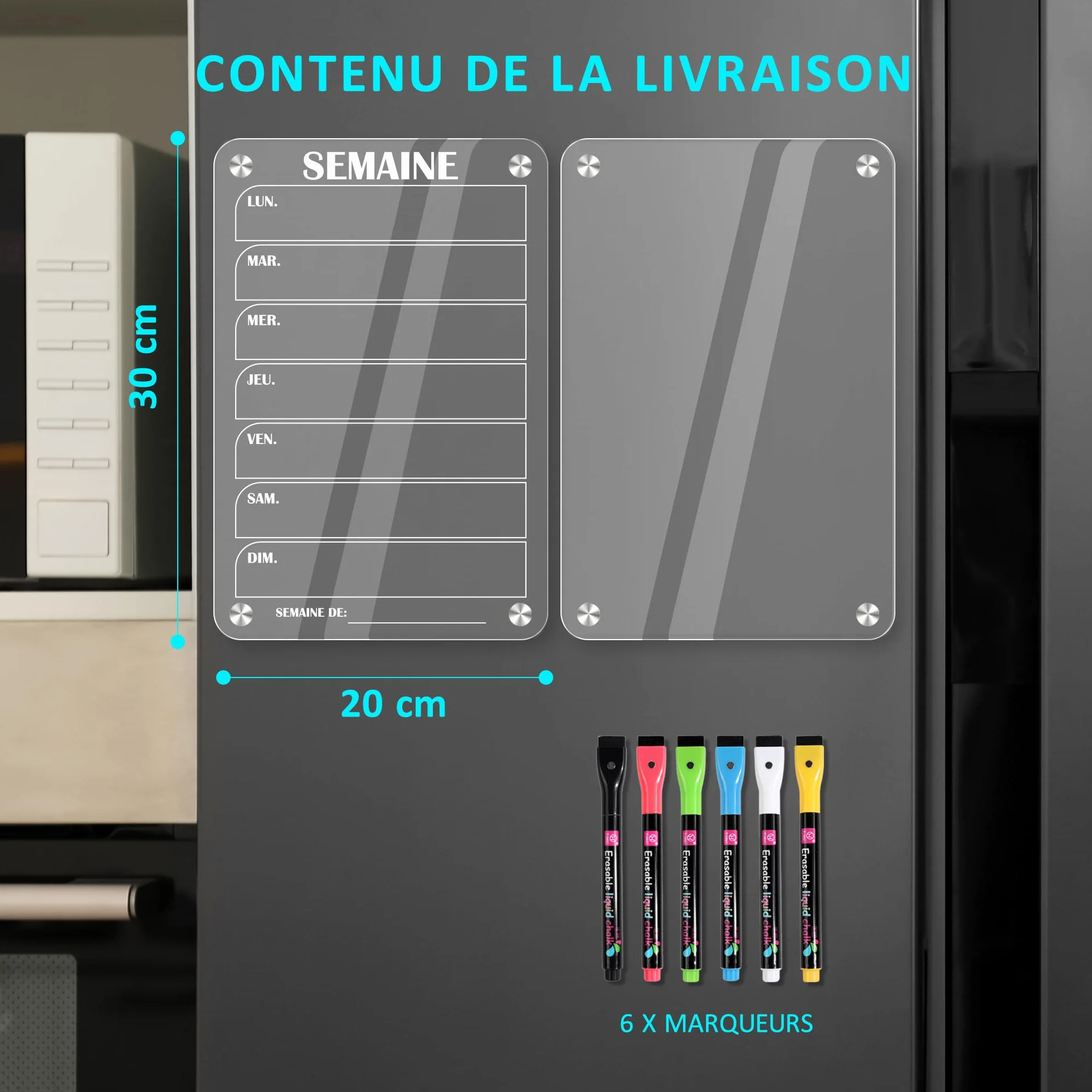 BIROYAL Lot de 2 Calendrier Magnetique Frigo 30x20 cm Acrylique Planning Semaine Planificateur Hebdomadaire