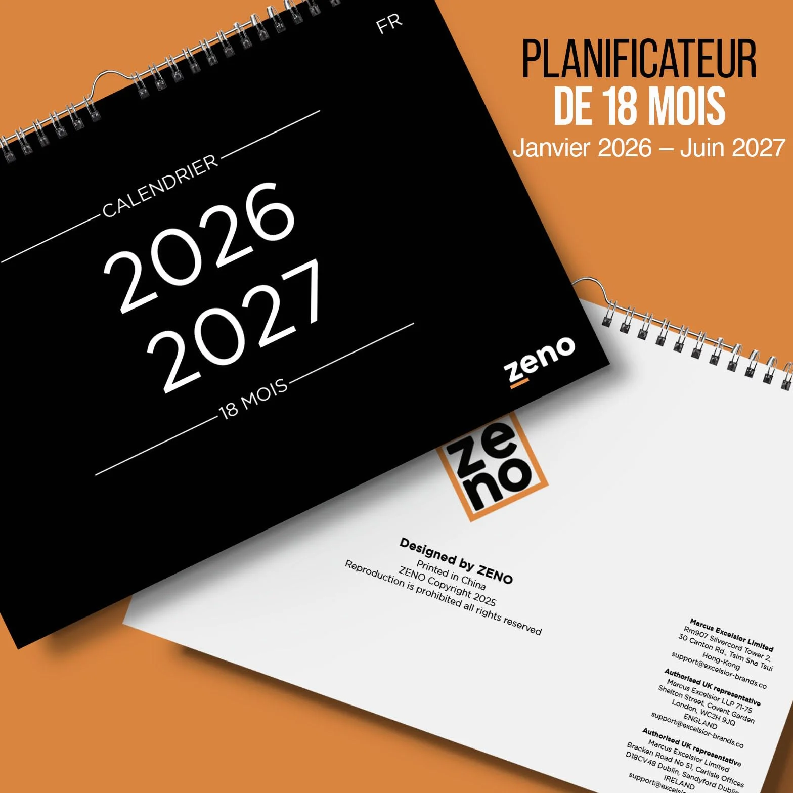 ZENO Calendrier Mural 2026 2027 18 Mois Janvier 26 à Juin 27 Planning Mensuel Organiseur Familial