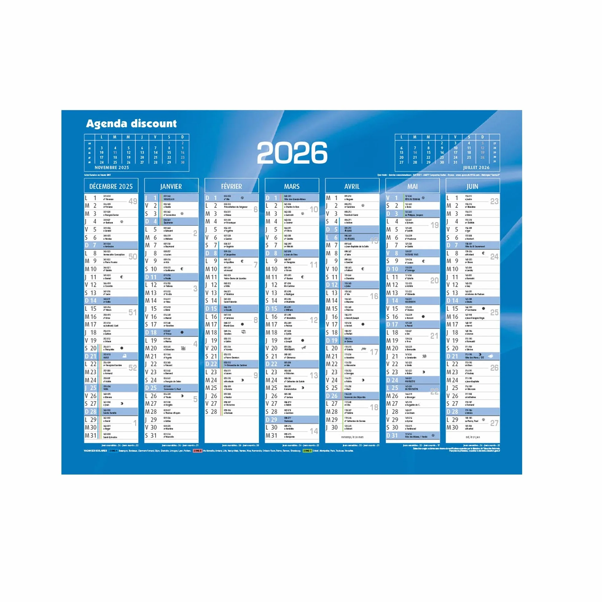 Calendrier mural Banque Bleu 27x21cm carton rigide 2027