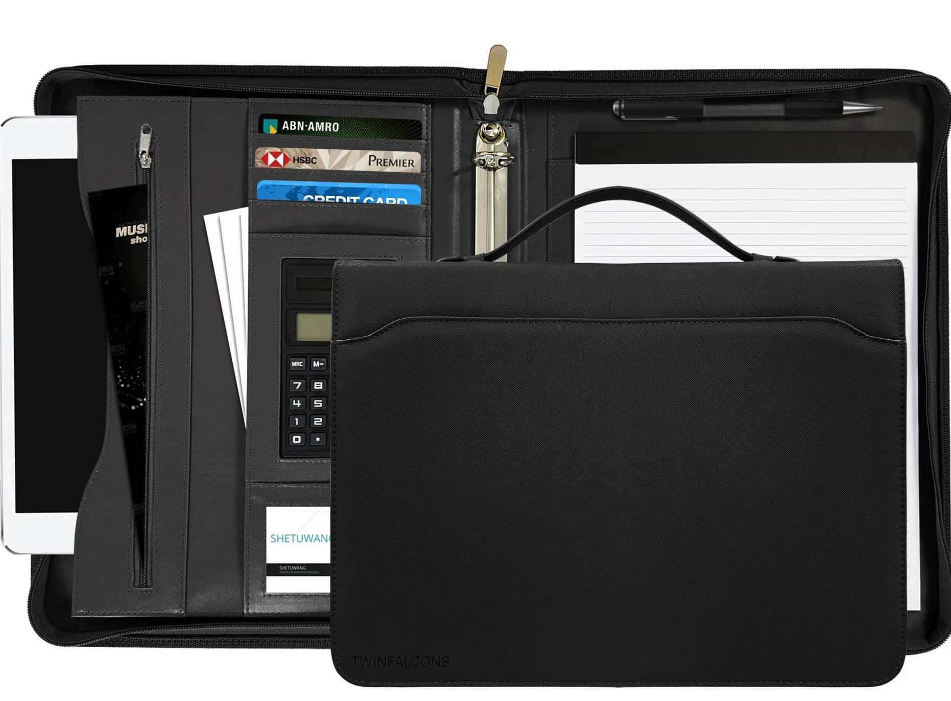 Porte Document à anneaux en O, Portfolio en Cuir PU avec Calculatrice, Noir