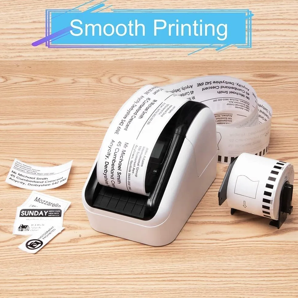 Brother QL-500 QL-600 QL-700 QL-800 QL-810W QL-820NWB 62 mm x 30,48 m Lot de 10 étiquettes autocollantes noir sur blanc