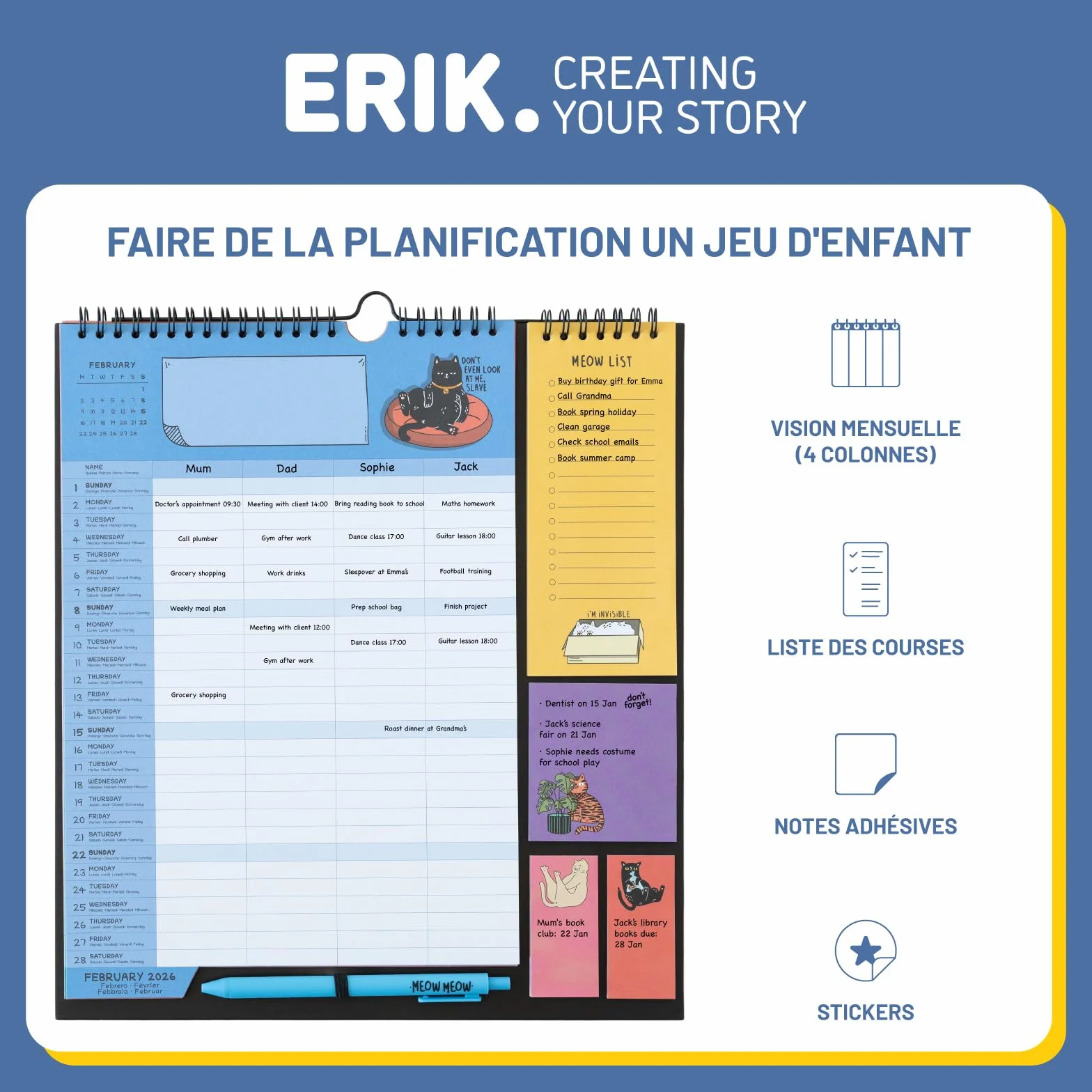 Calendrier Meow Meow 2025 2026 16 mois Planificateur Mensuel Familial avec Crochet