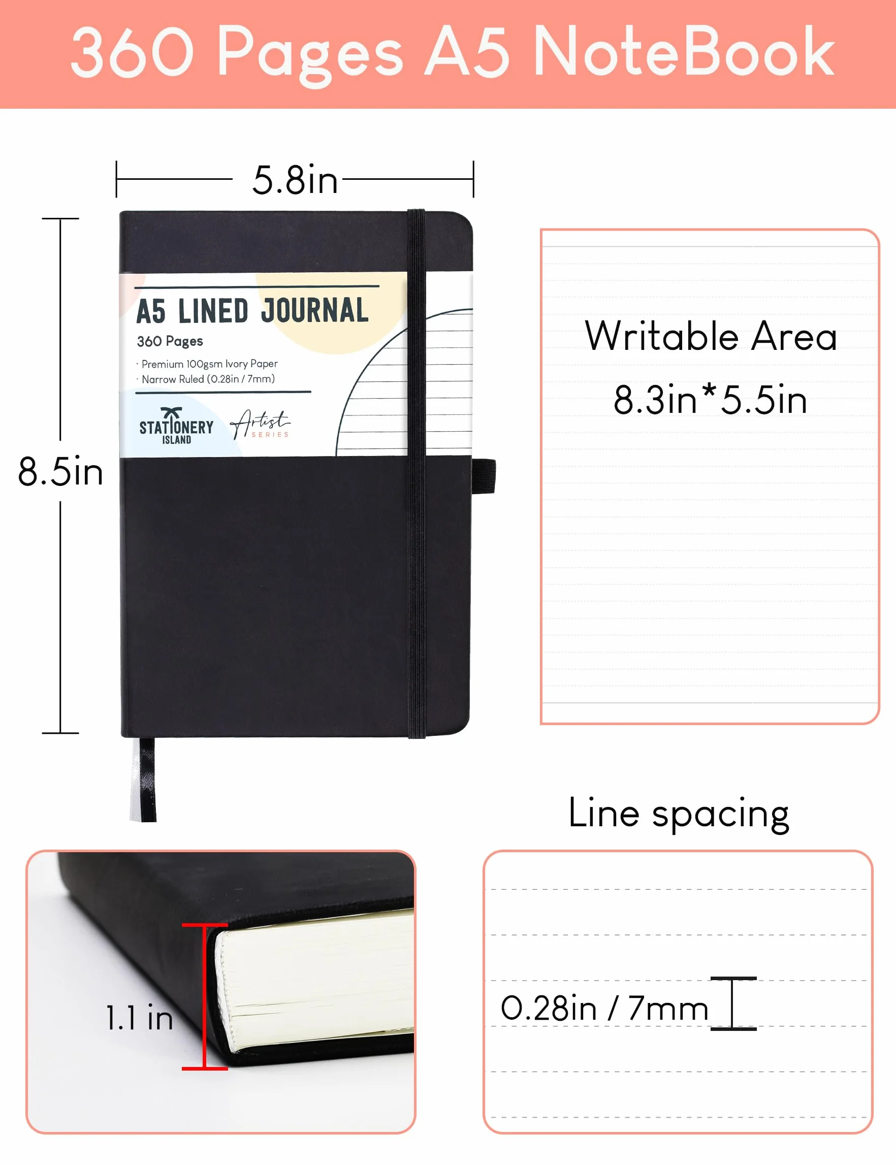 STATIONERY ISLAND A5 Carnet de Notes Ligné Épais 360 Pages Couverture Rigide 100gsm